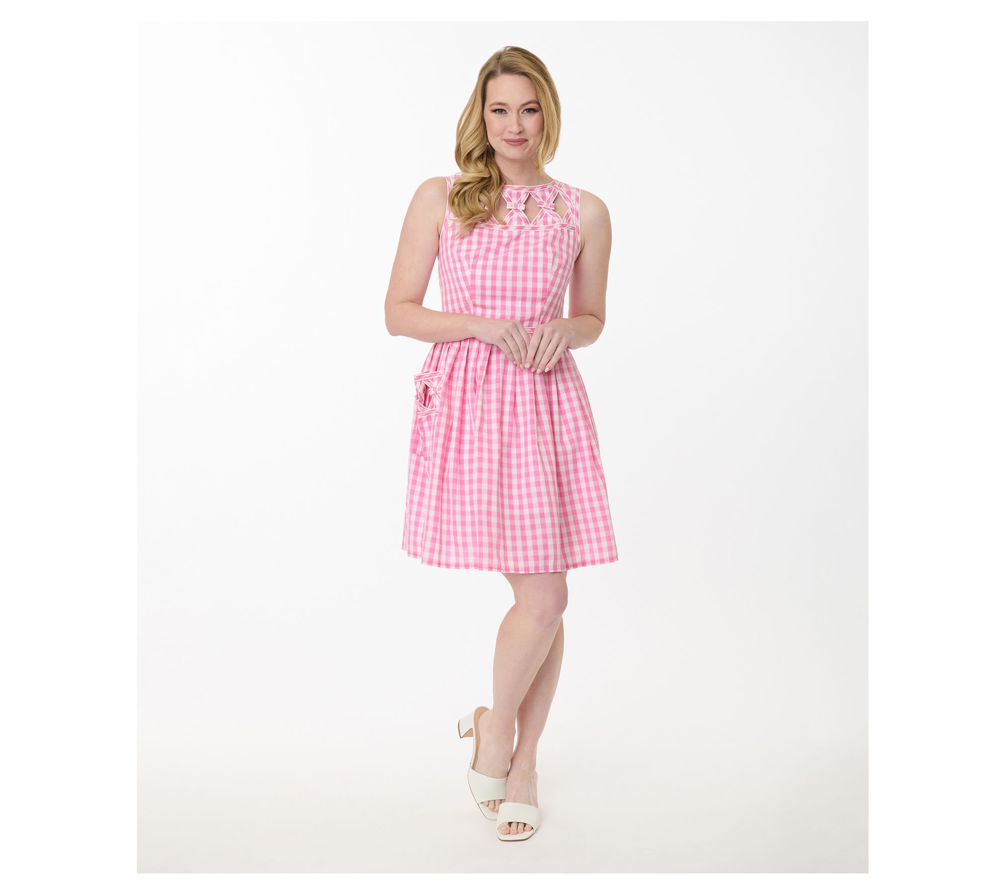 Unique Vintage Pink Gingham Picnic Weave SwingDress