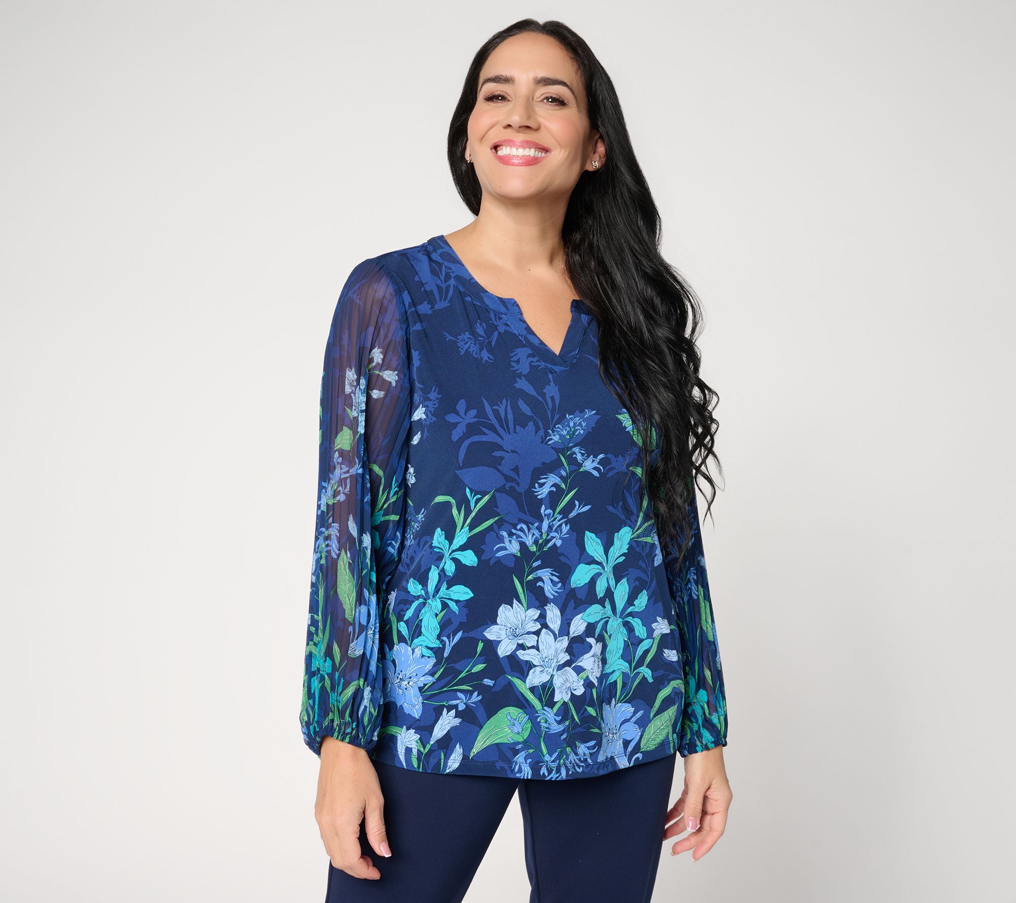 Susan Graver Printed Liquid Knit Split-Neck Pleated Woven Sleeve Top