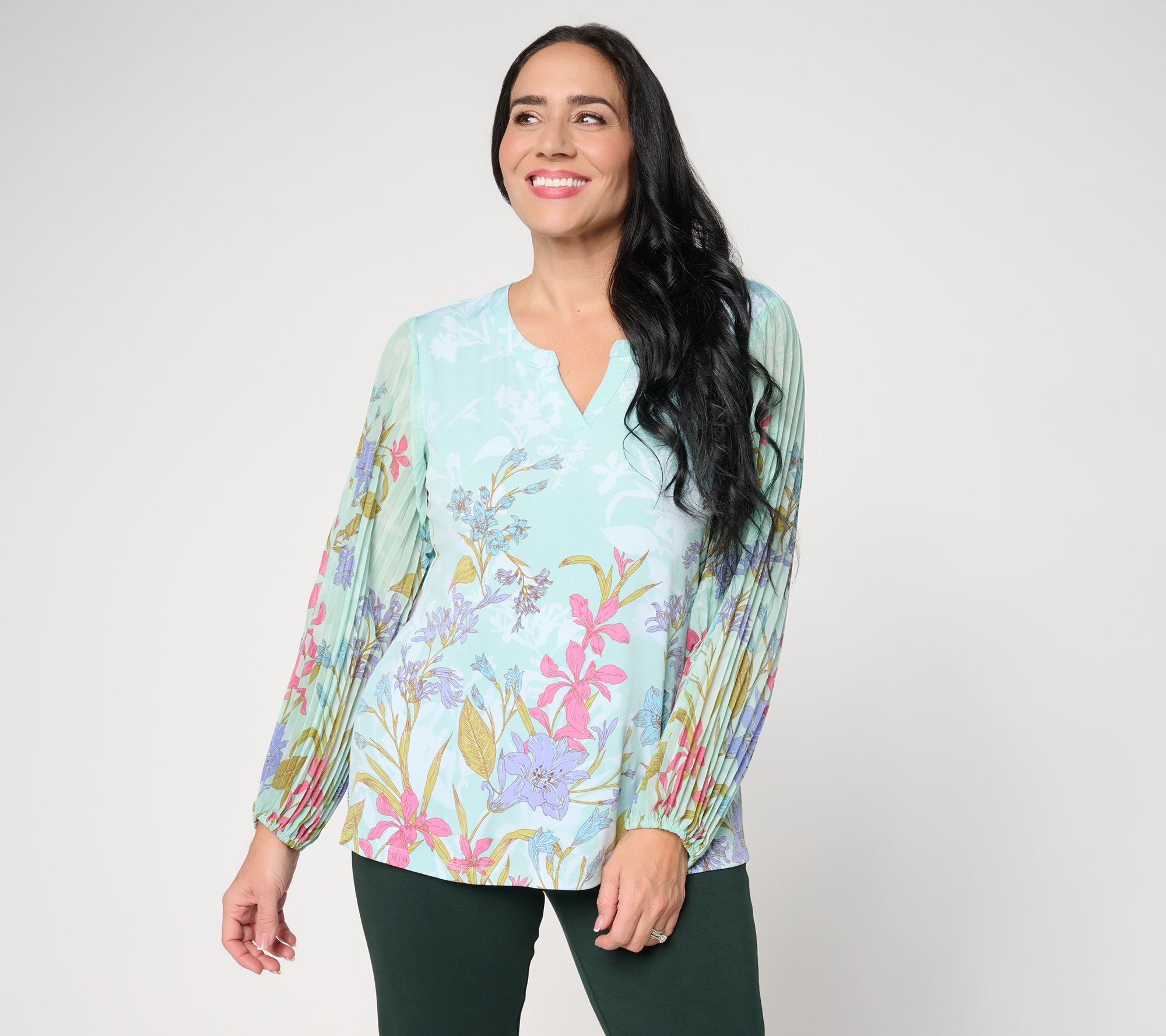 Susan Graver Printed Liquid Knit Split-Neck Pleated Woven Sleeve Top