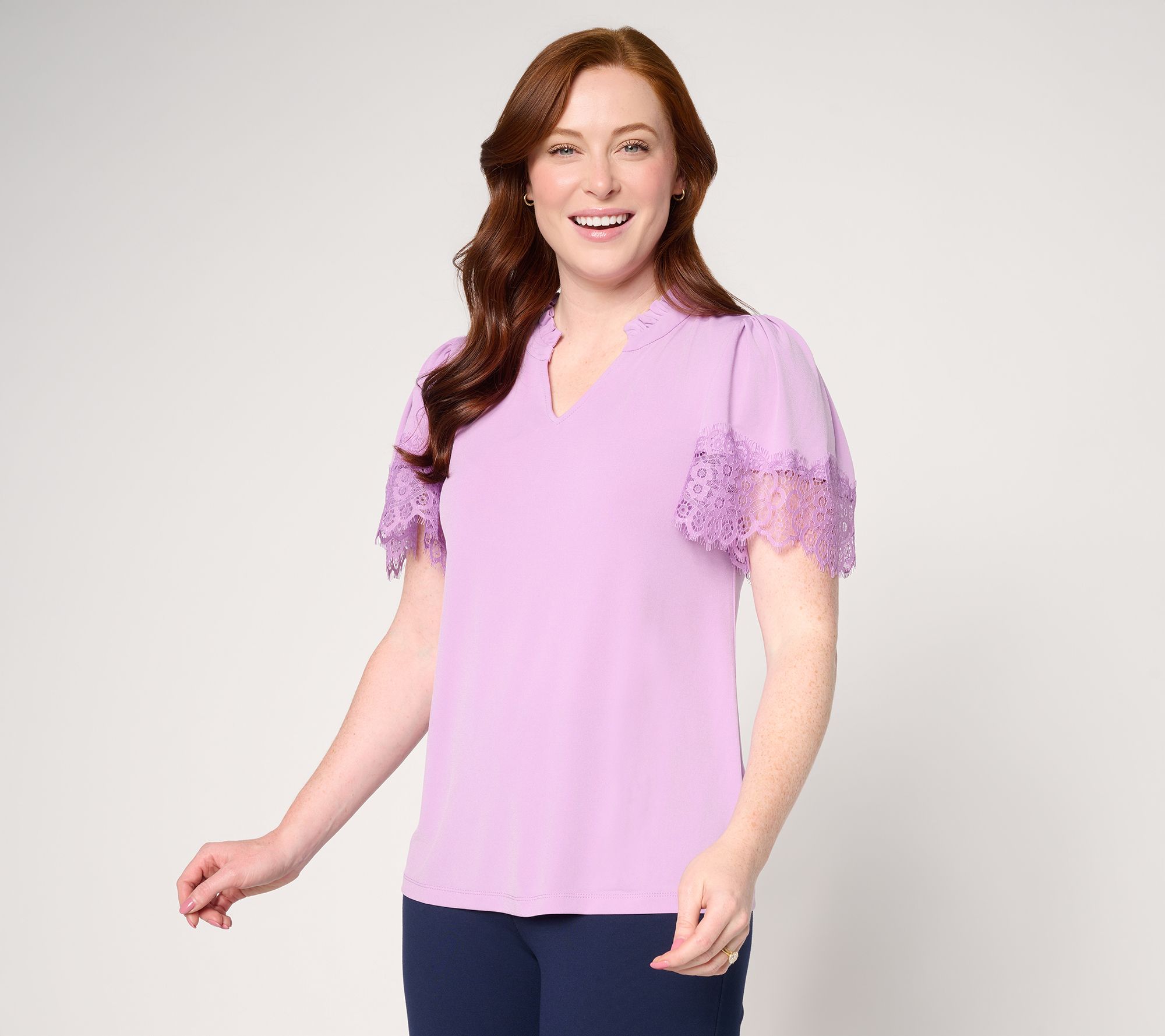 Susan Graver Liquid Knit Split-Neck Top with Lace Detail