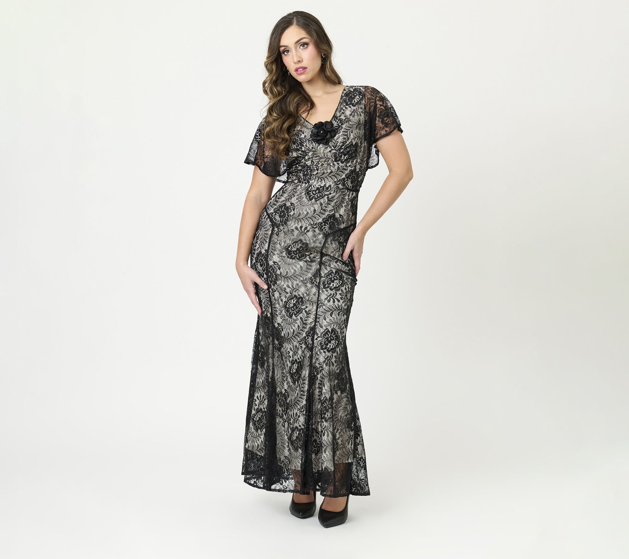 Unique Vintage Black Lace & Nude Lining FlutterSleeve Gown