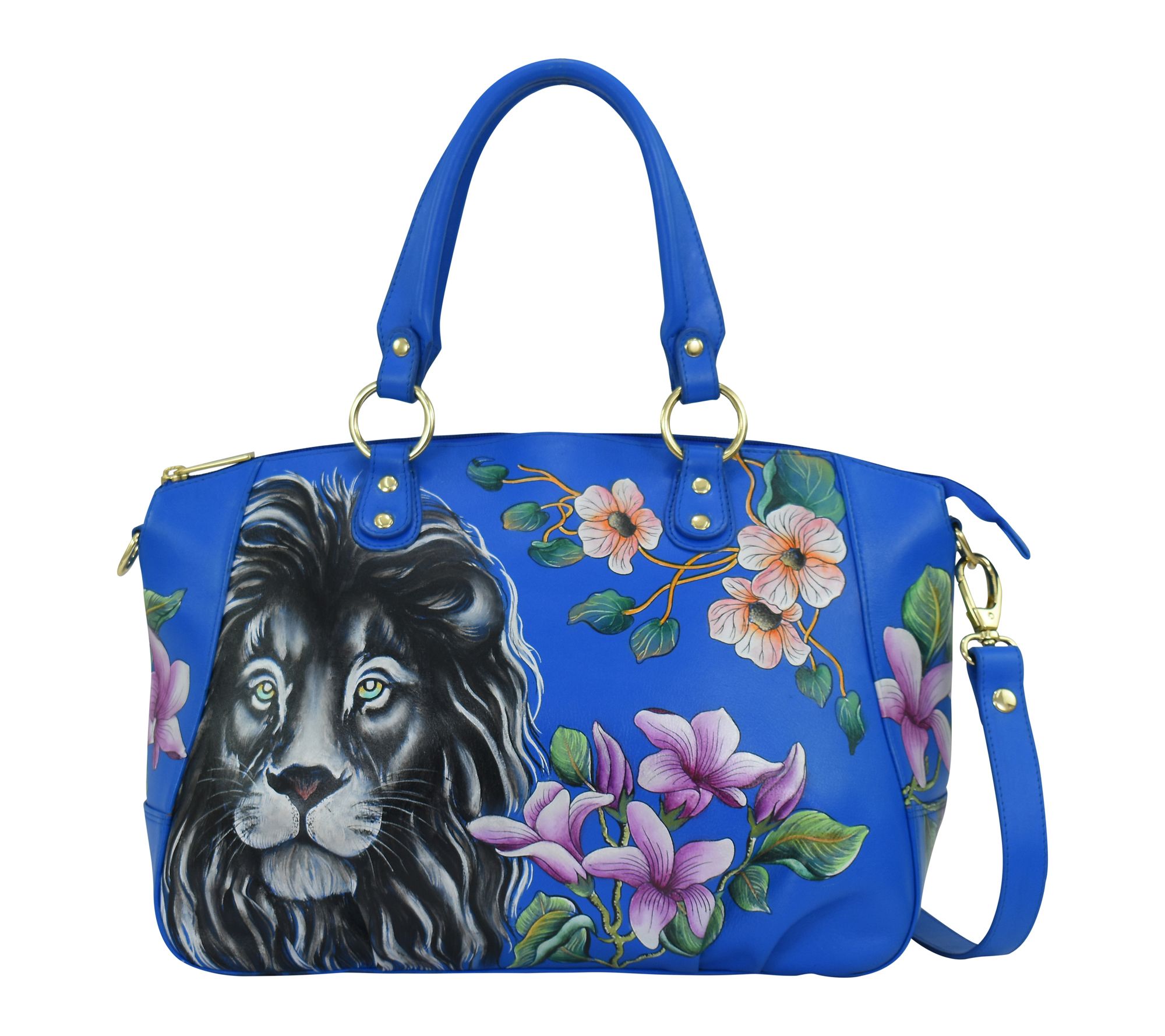 Anuschka Large Painted Lion Le ather Satchel w / Crossbody Str