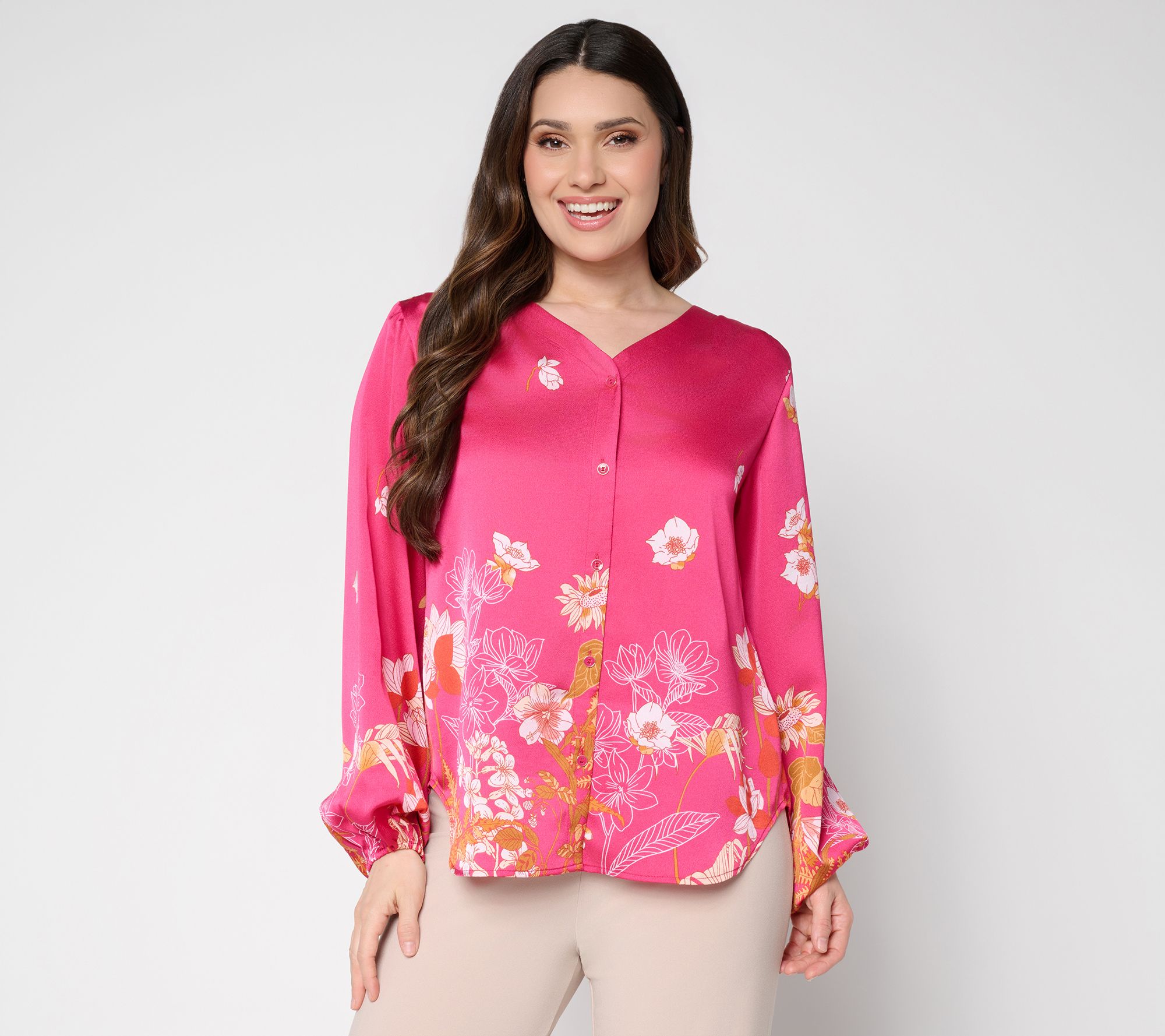 Dennis Basso Petite Printed V-Neck Blouse with Hi/Low Hem