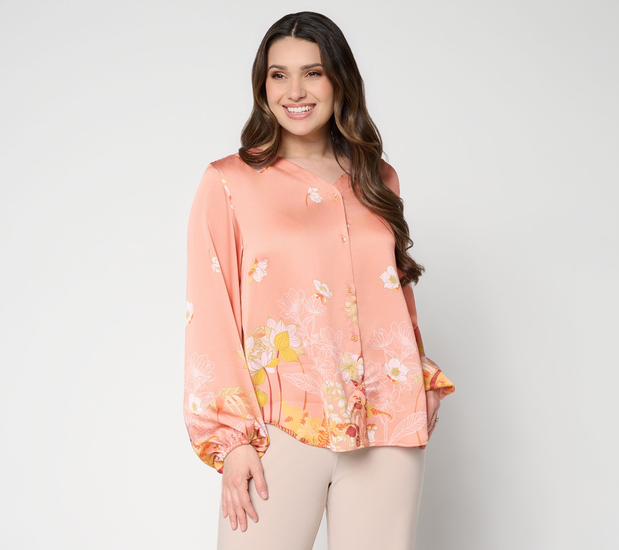 Dennis Basso Petite Printed V-Neck Blouse with Hi/Low Hem