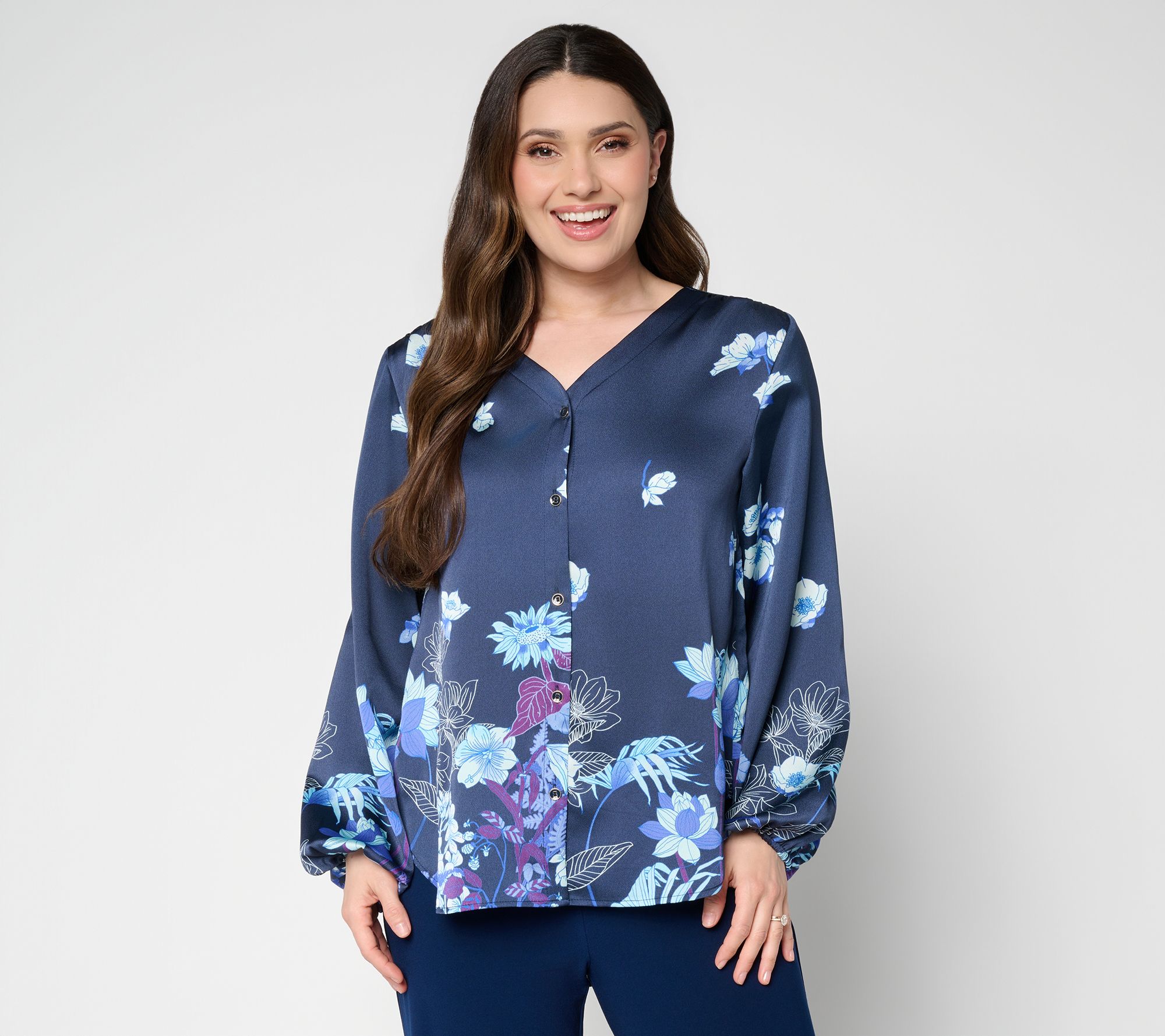 Dennis Basso Petite Printed V-Neck Blouse with Hi/Low Hem
