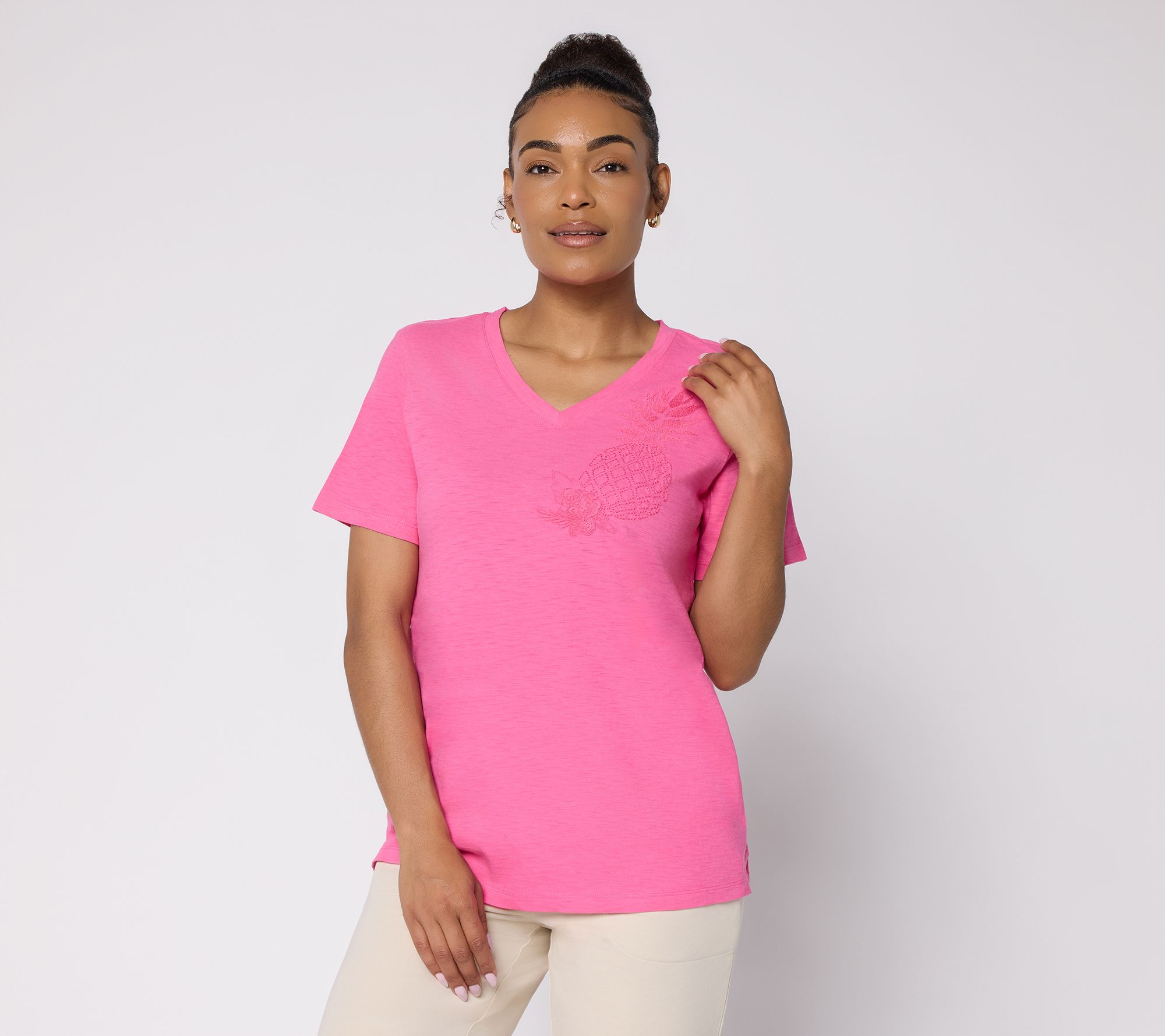 Denim & Co. Slub Knit Embroidered Pineapple V-Neck Top - QVC.com