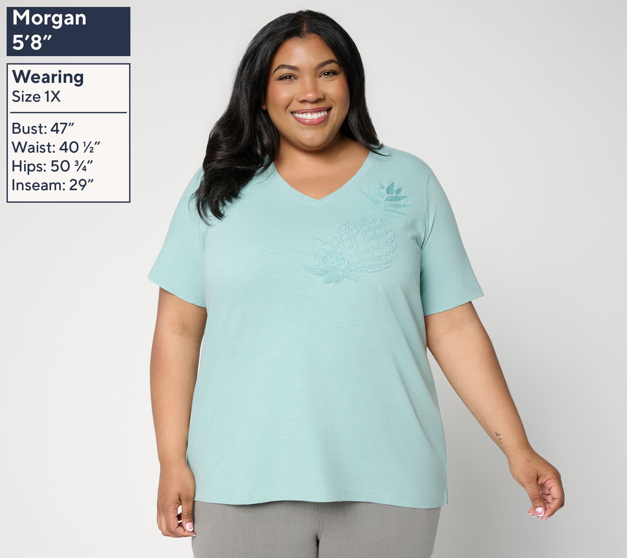 Denim & Co. Slub Knit Embroidered Pineapple V-Neck Top - QVC.com