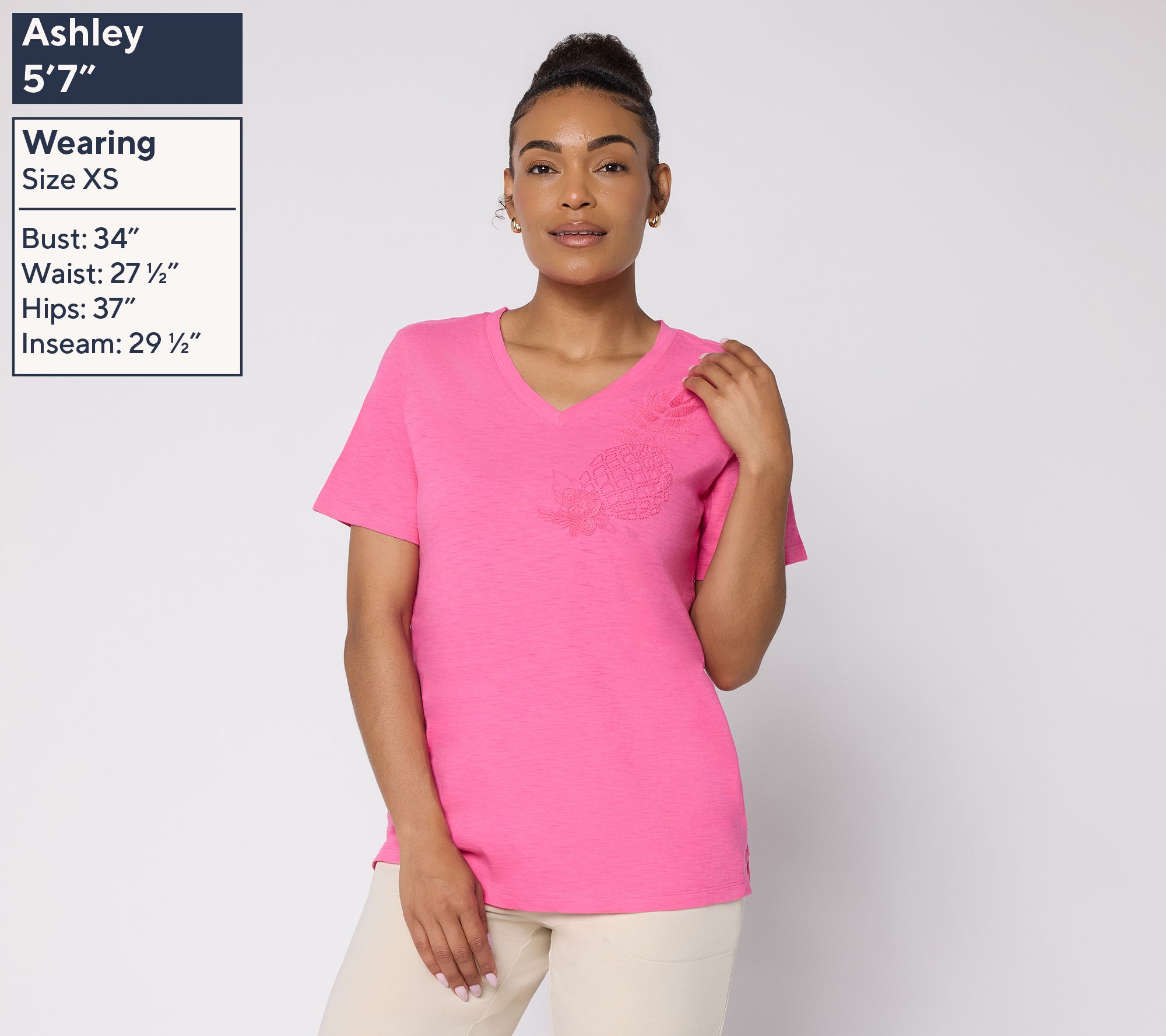 Denim & Co. Slub Knit Embroidered Pineapple V-Neck Top - QVC.com