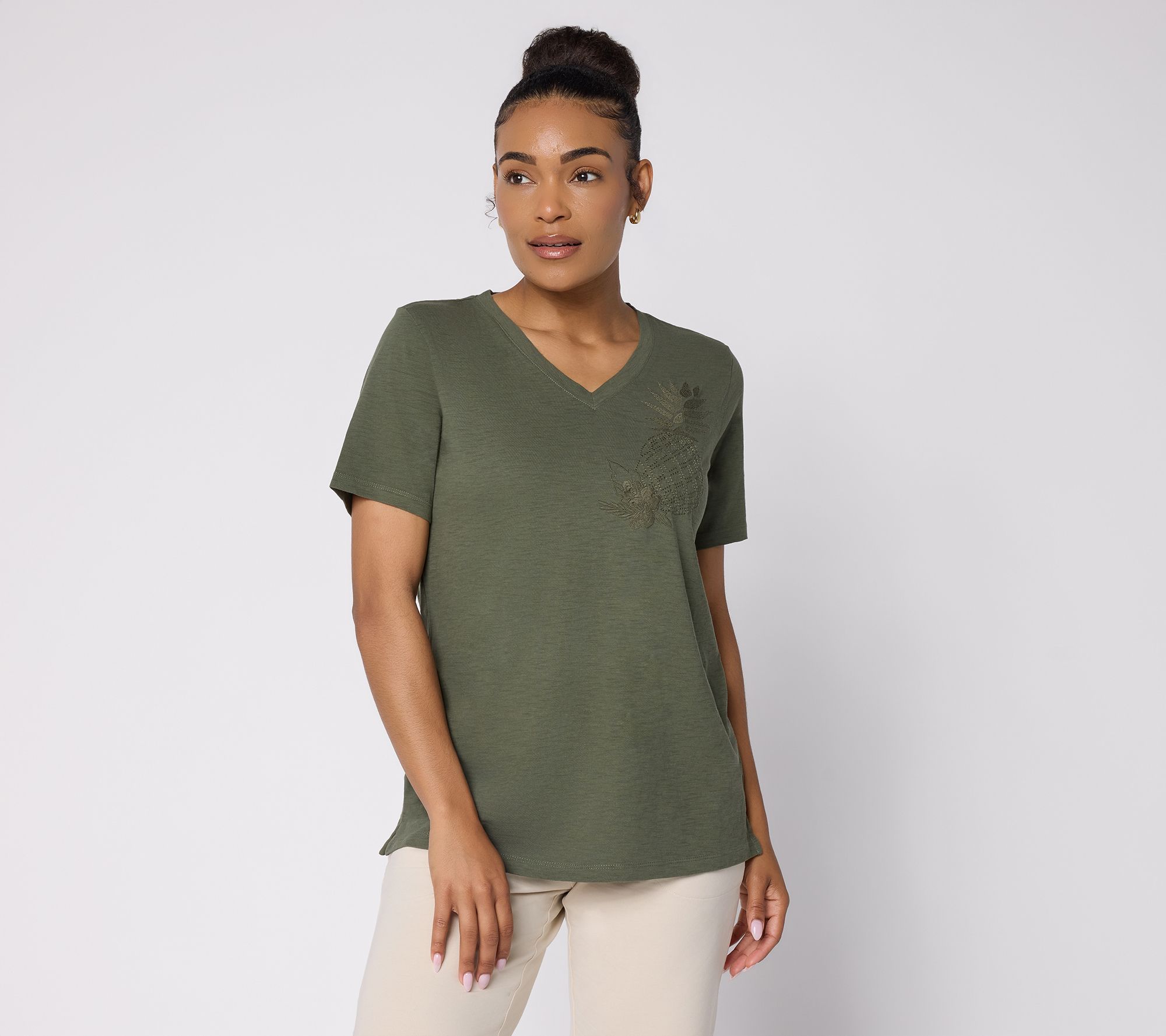 Denim & Co. Slub Knit Embroidered Pineapple V-Neck Top
