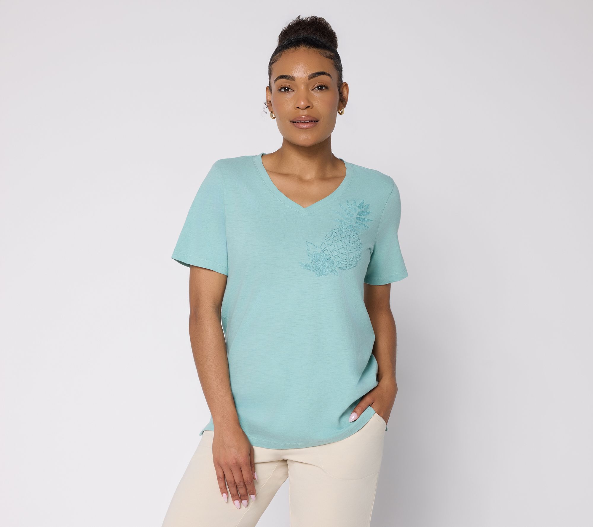 Denim & Co. Slub Knit Embroidered Pineapple V-Neck Top