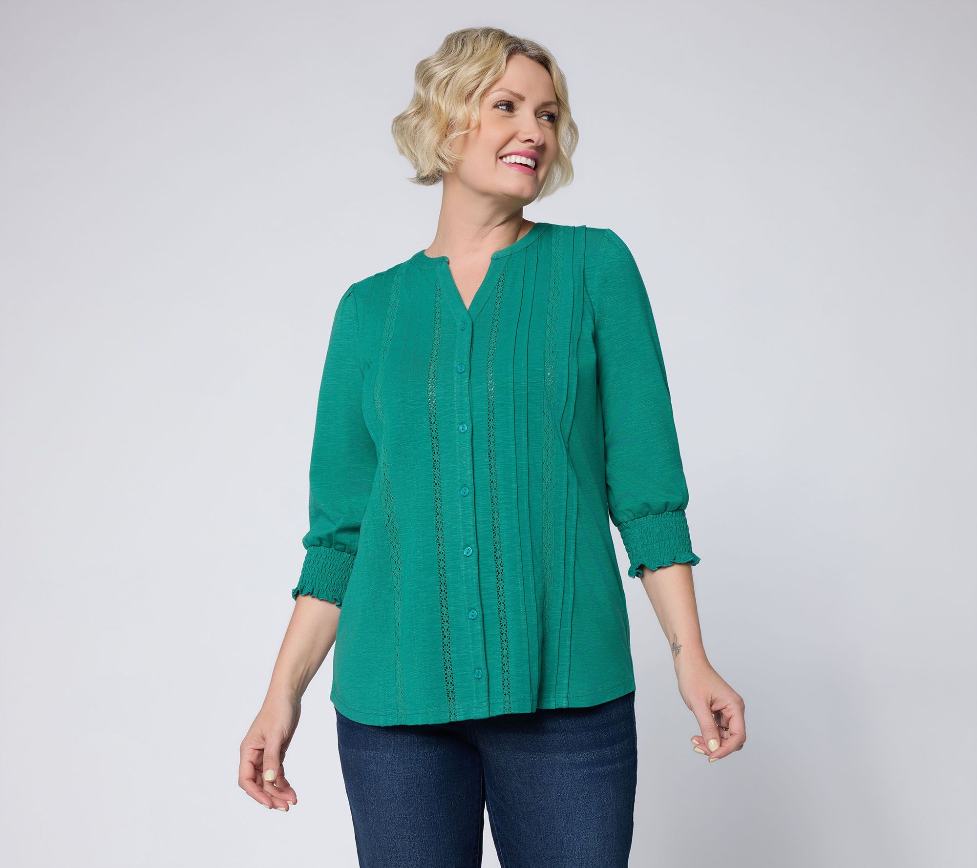 Ree by The Pioneer Woman Lace Trim Smocked Sleeve Knit Top