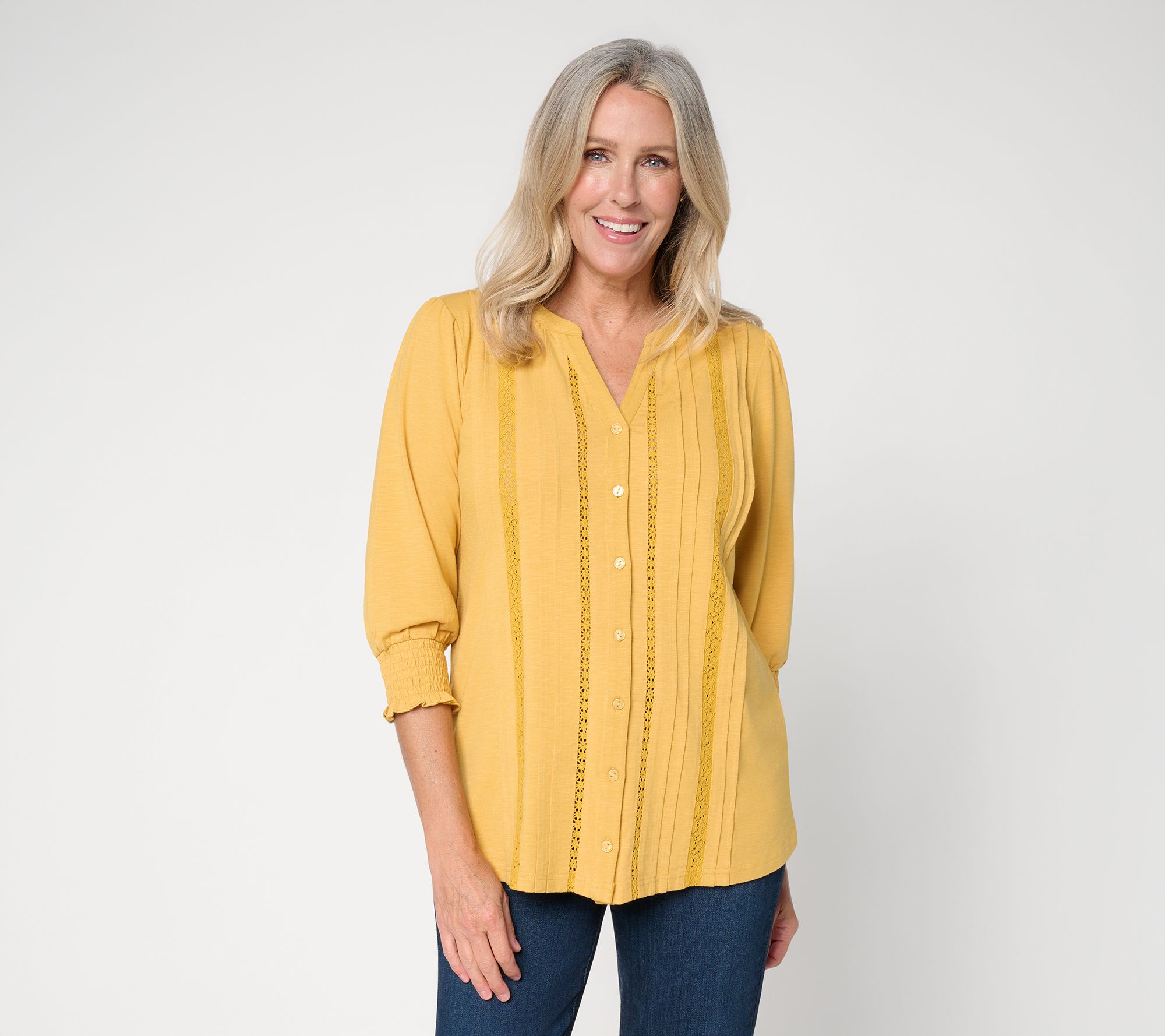 Ree by The Pioneer Woman Lace Trim Smocked Sleeve Knit Top