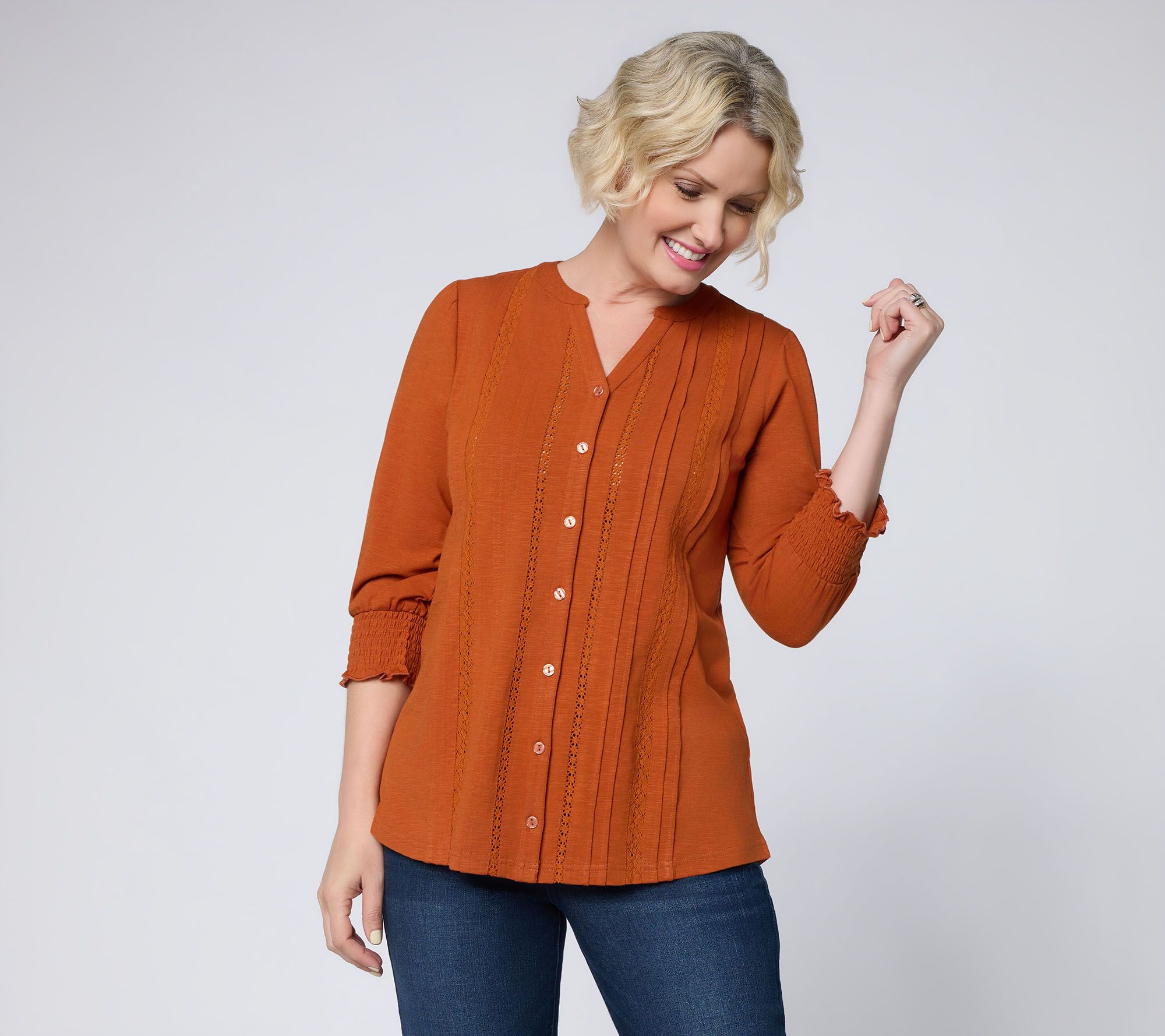 Ree by The Pioneer Woman Lace Trim Smocked Sleeve Knit Top