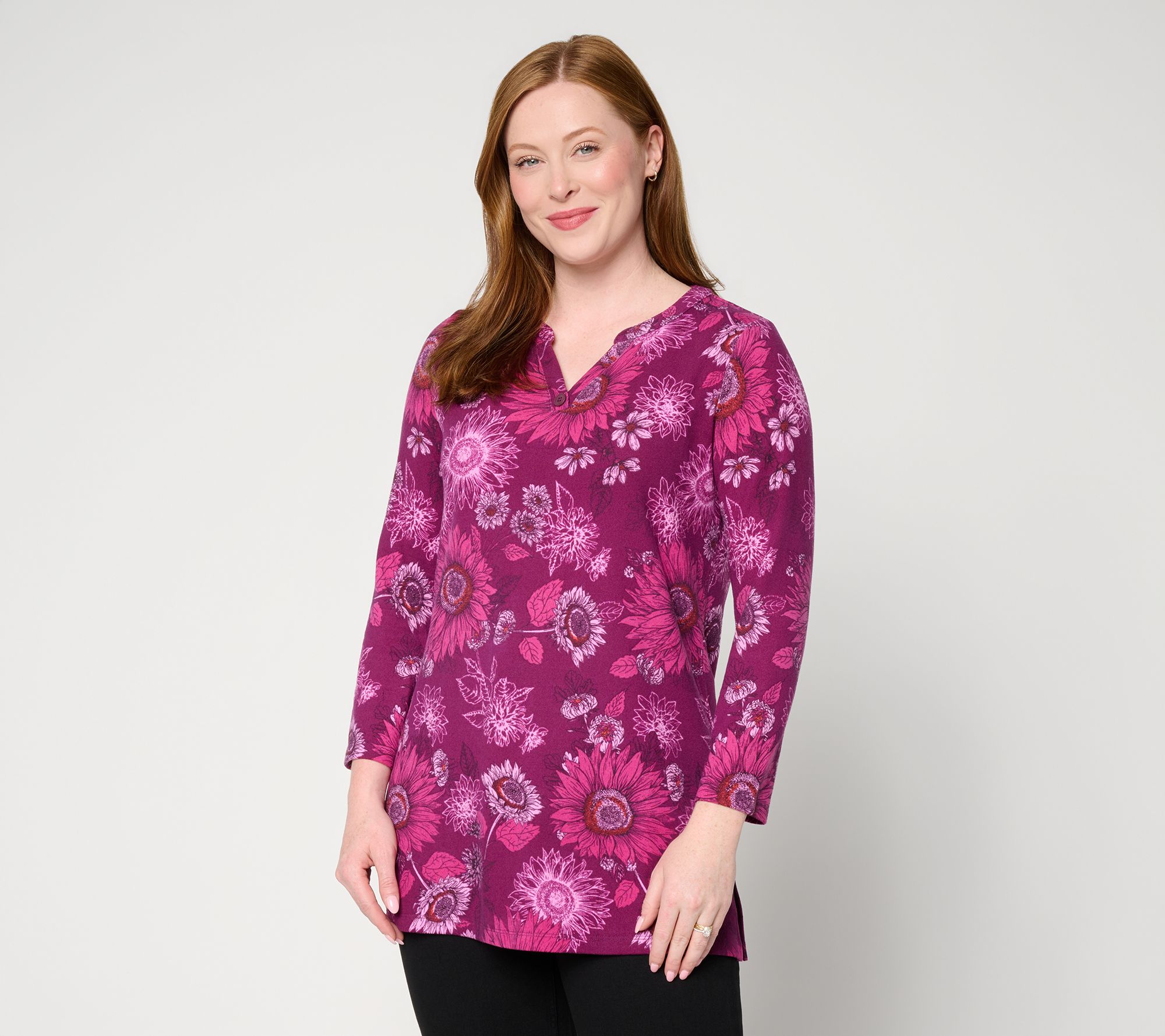 Denim & Co. Petite Printed Heavenly Jersey Split Neck Tunic