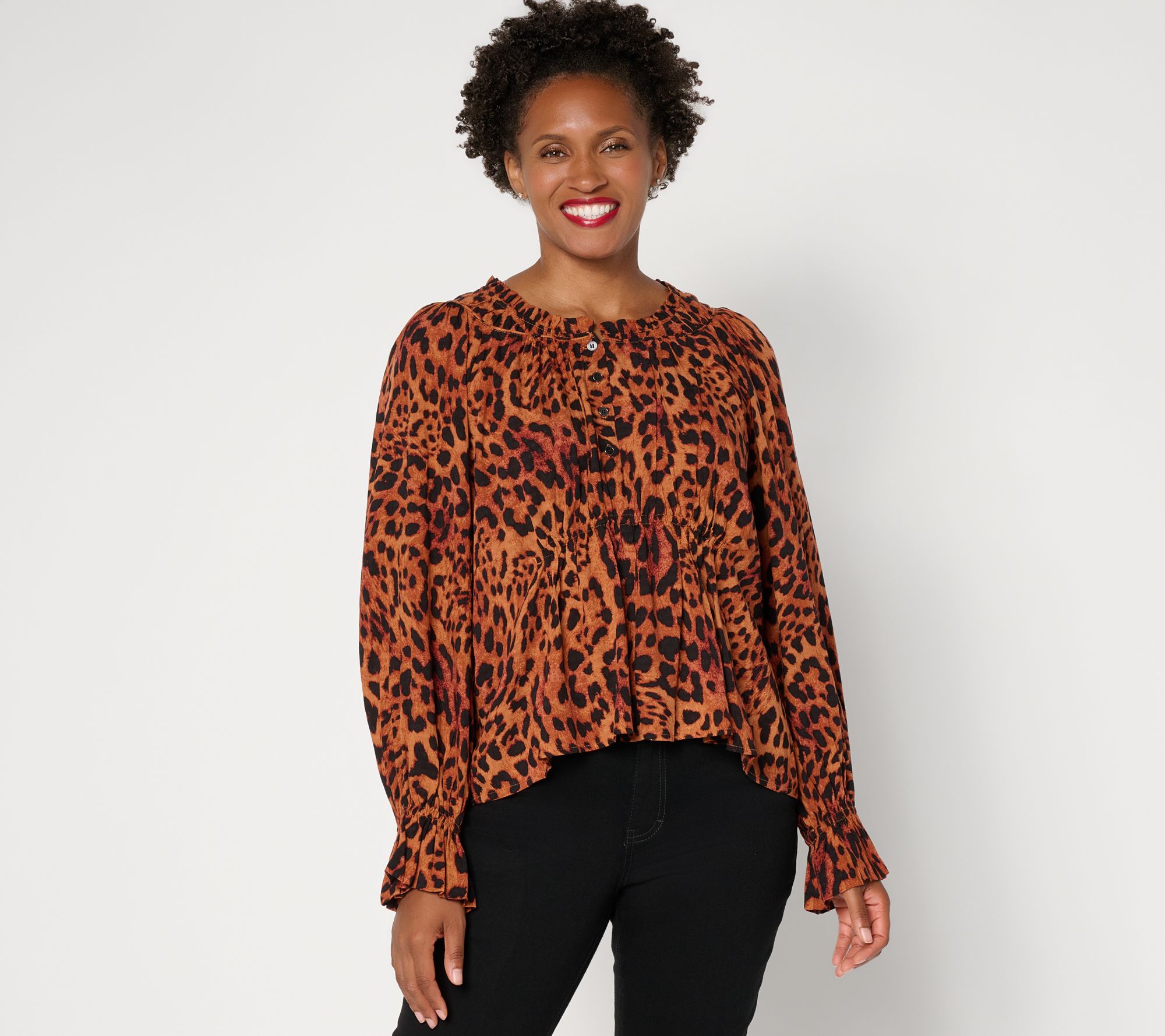 RM Studio x Rebecca Minkoff V-Neck Ruffle Detail Printed Blouse | QVC