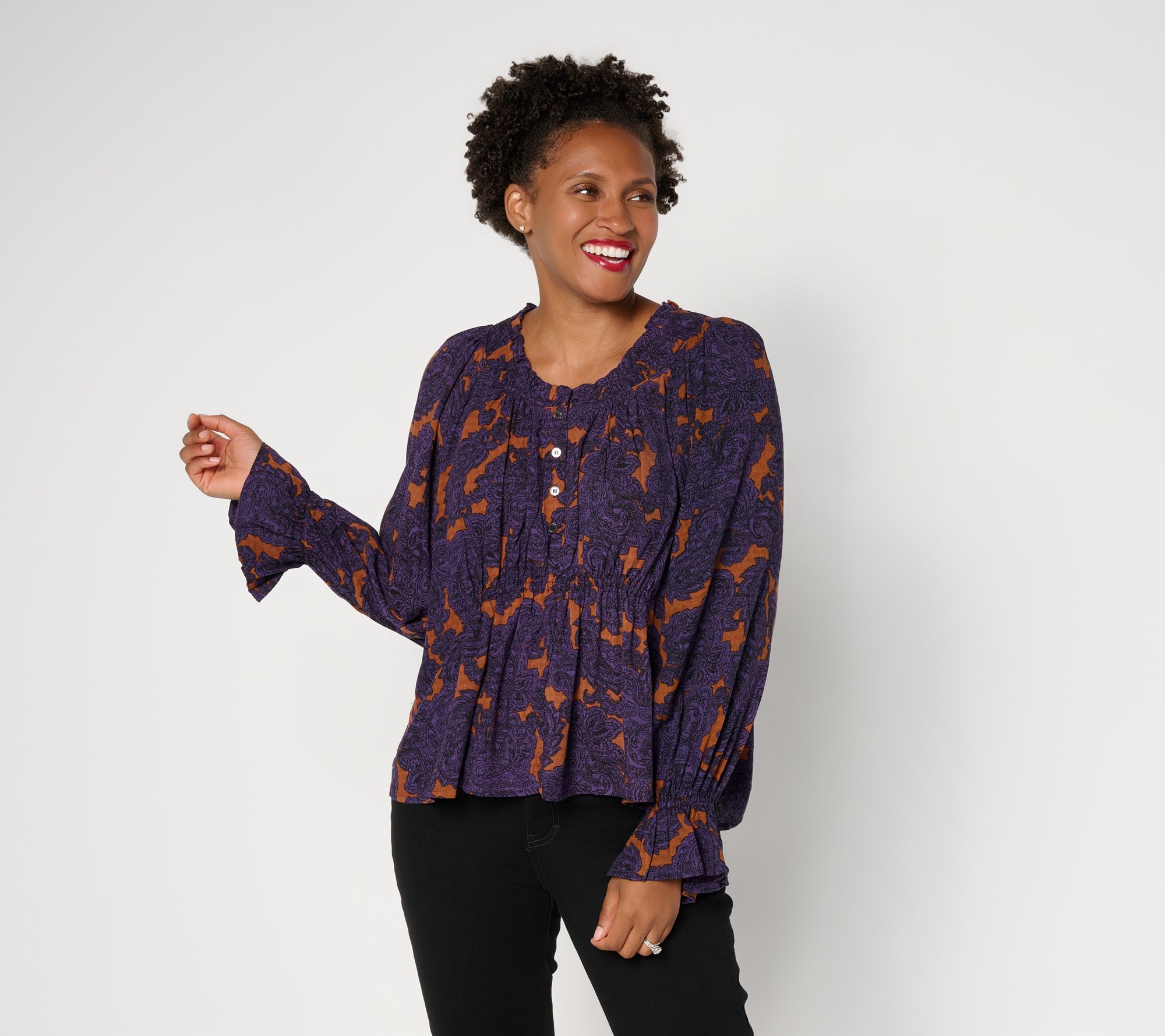 RM Studio x Rebecca Minkoff V-Neck Ruffle Detail Printed Blouse | QVC