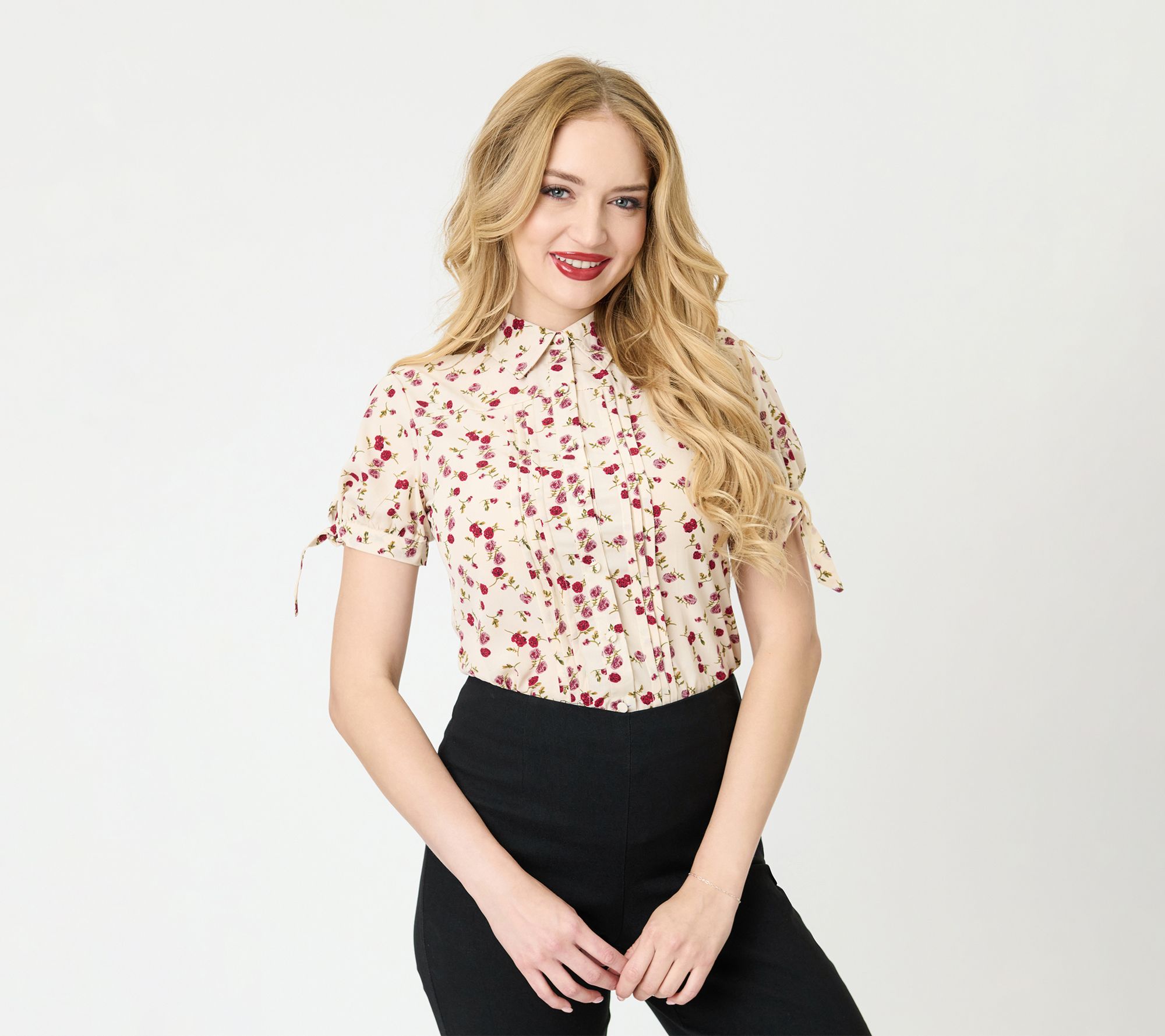 Unique Vintage Light Pink & Floral Print ColvinBlouse