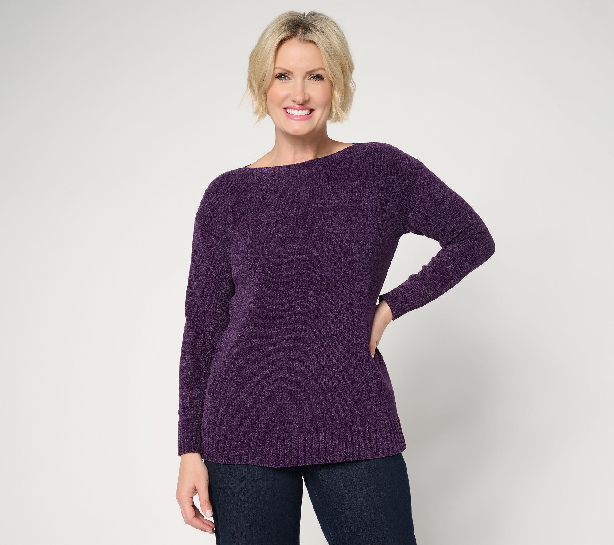 "As Is" Denim & Co. Chenille Boat Neck Long Sleeve Sweater