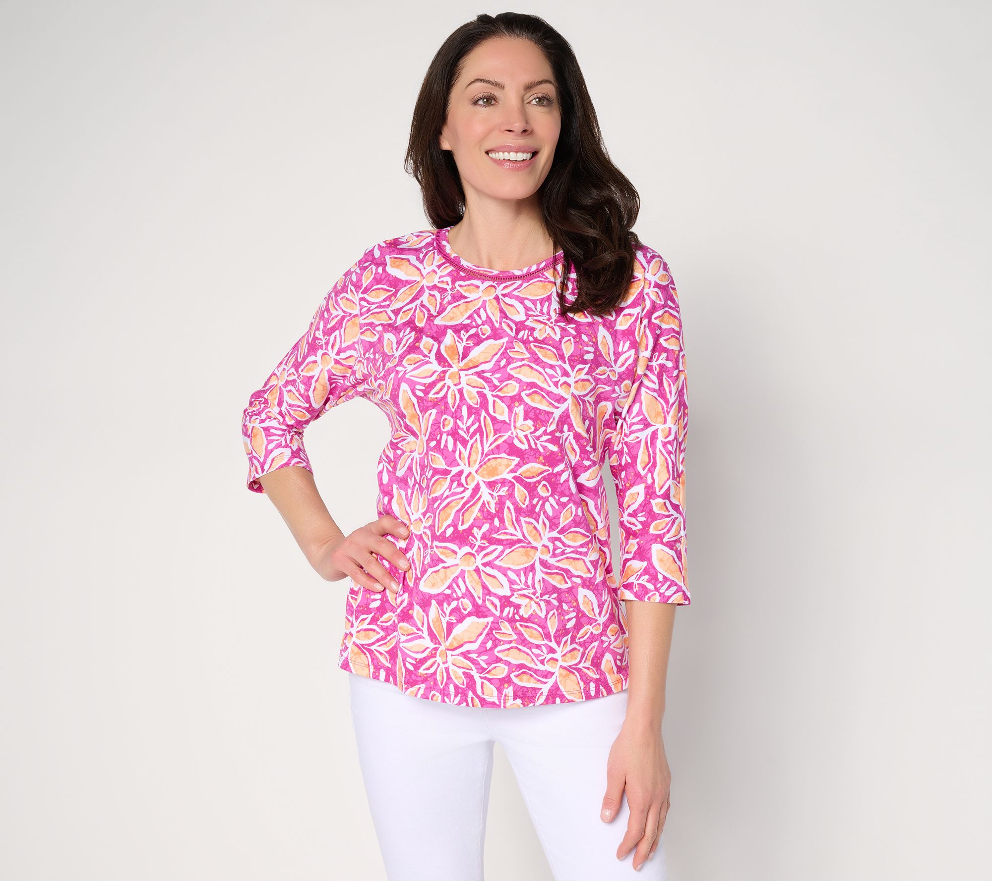 "As Is" Denim & Co. Beach Floral Printed Beach Jersey 3/4 Sleeve Top