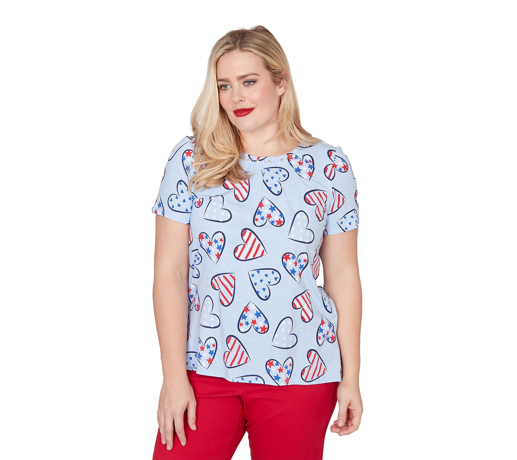 Alfred Dunner Petite American Flag Hearts Printed Tee