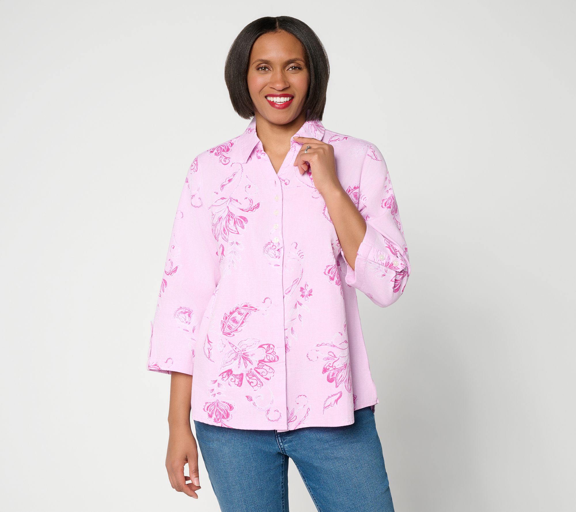 "As Is" Joan Rivers Printed Chambray Popover with Hidden Placket