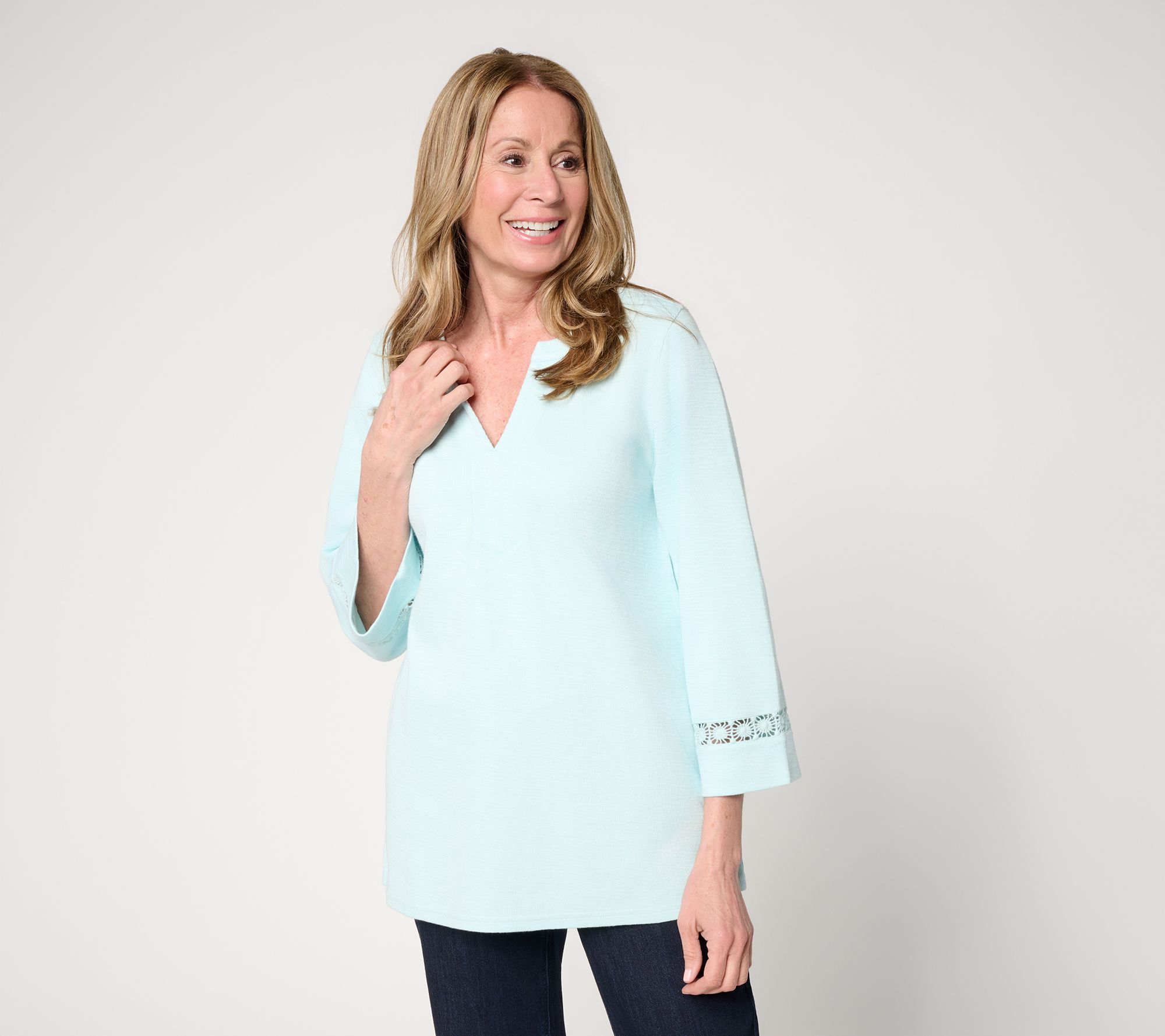 "As Is" Susan Graver Soleil Regular Slub Knit Tunic w/ Lace Detail
