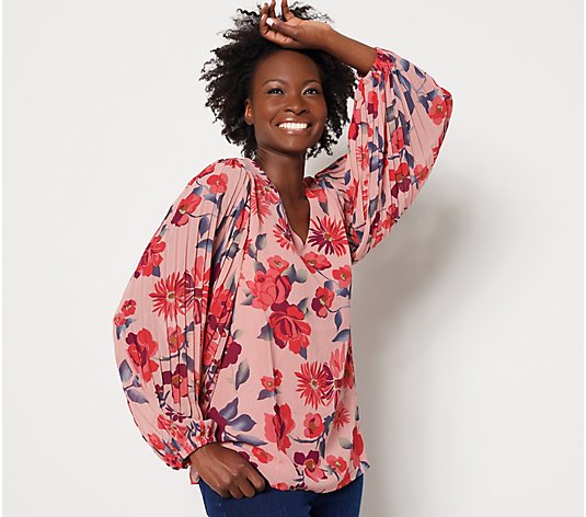 Belle by Kim Gravel Floral Blouse with Pleated Balloon Sleeves