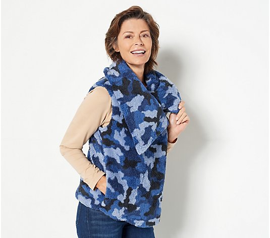 Susan Graver Printed Sherpa Asymmetrical Snap Front Vest