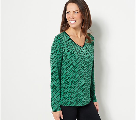 Susan Graver Printed Liquid Knit V-Neck Top with Faux Leather Piping