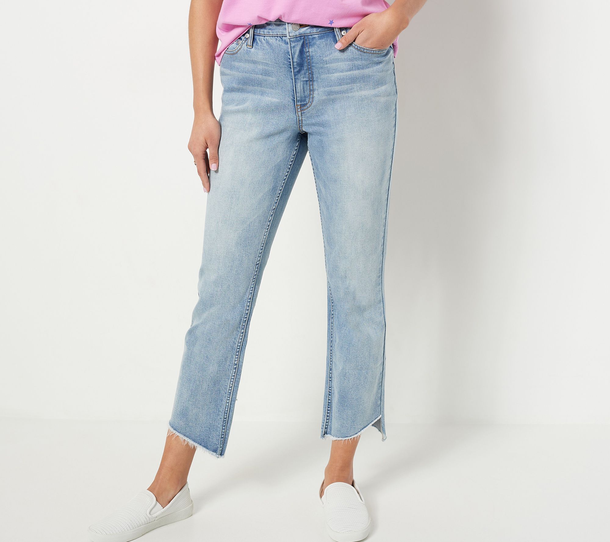 "As Is" Candace Cameron Bure Petite Raw Edge Step Hem Jean- Denim