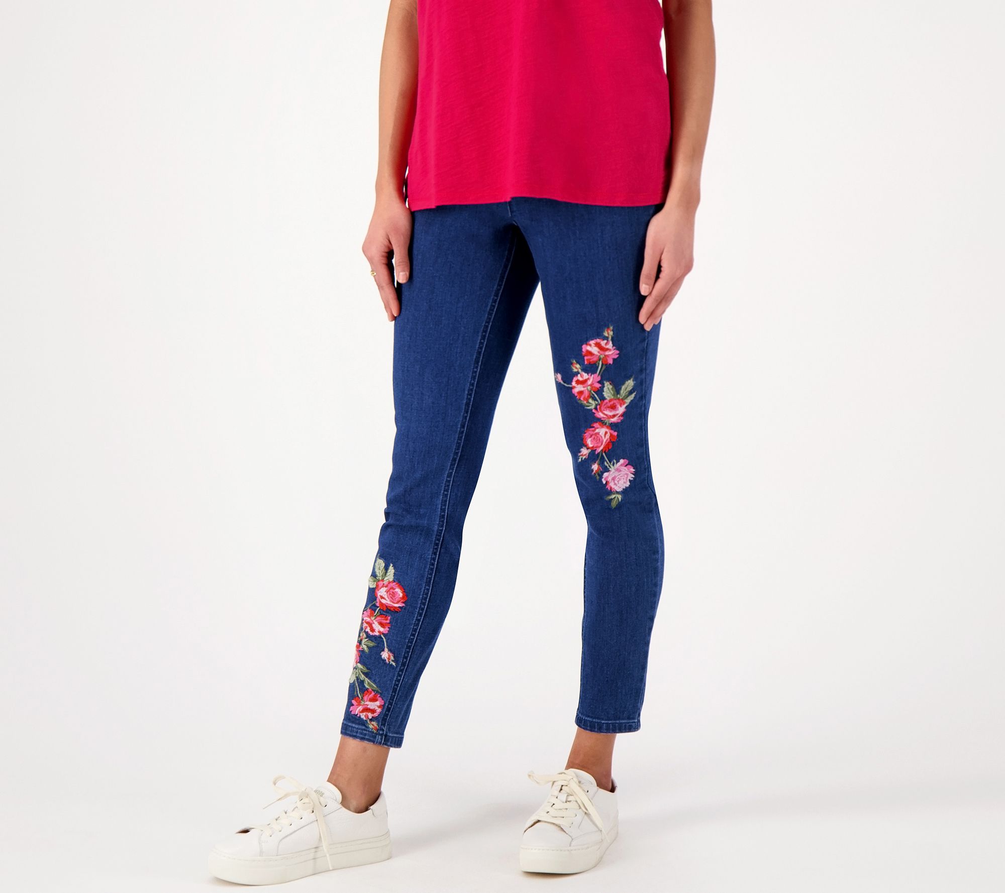 Women's Floral Embroidered Slim Leg Ankle Jeans - Medium Wash - 4