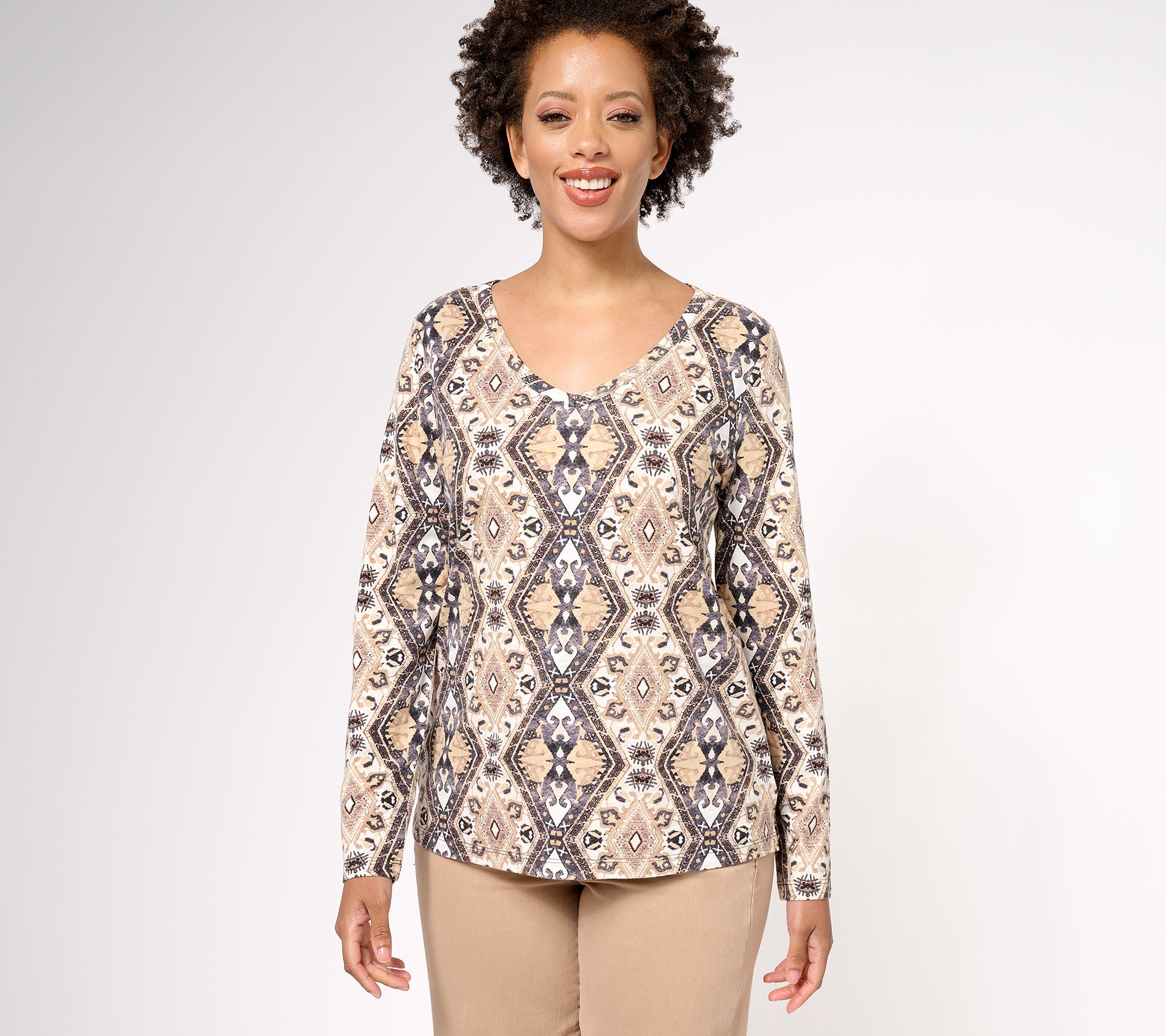 Denim & Co. Canyon Retreat Printed Slub V-Neck Long Sleeve Top