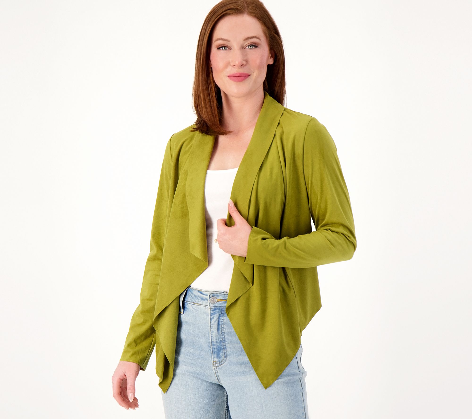 Susan Graver Knit Faux Suede Long-Sleeve Cascade Front Cardigan