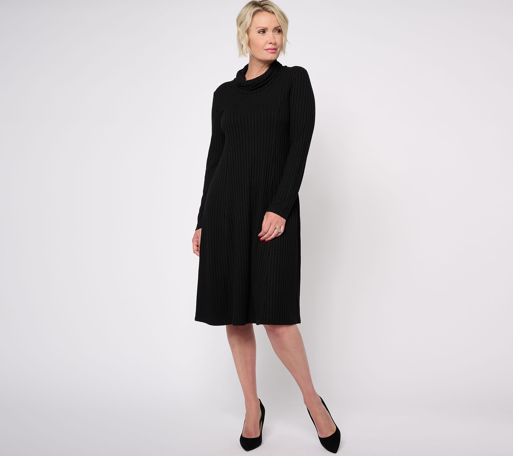 Susan Graver Regular Ribbed Sweater Knit Cowl Neck Midi Dress