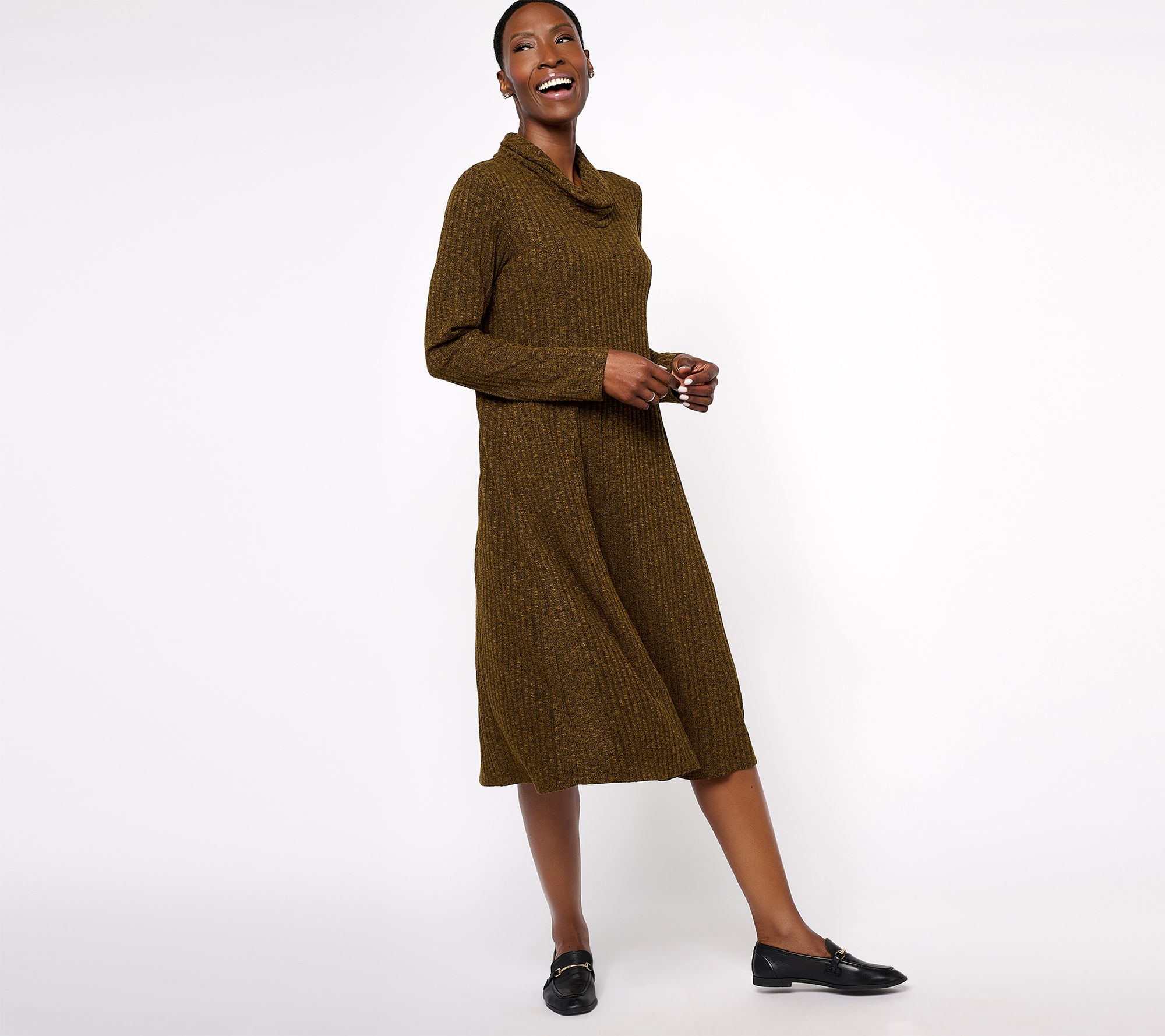 Susan Graver Regular Ribbed Sweater Knit Cowl Neck Midi Dress