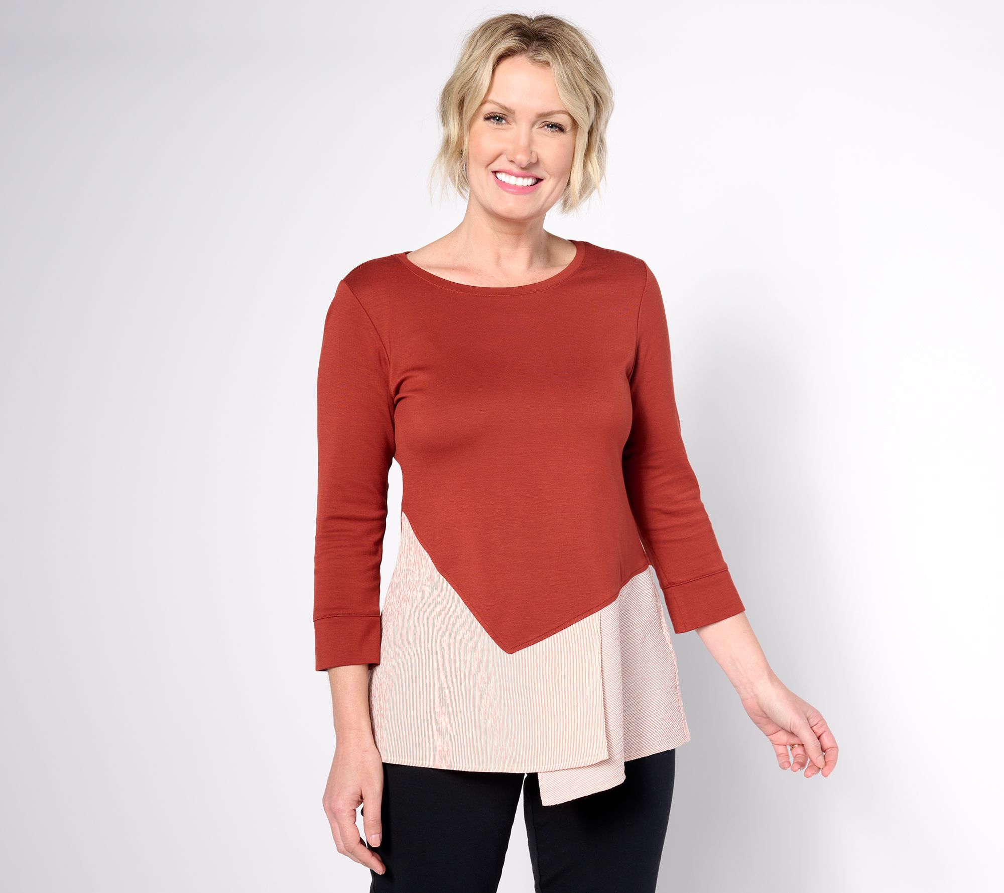 Attitudes by Renee Knit Top With Crushed Stripe Peplum 