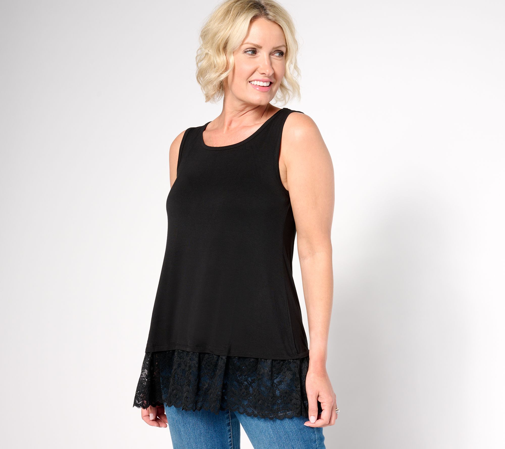 LOGO Layers by Lori Goldstein Knit Tank Top with Lace Hem