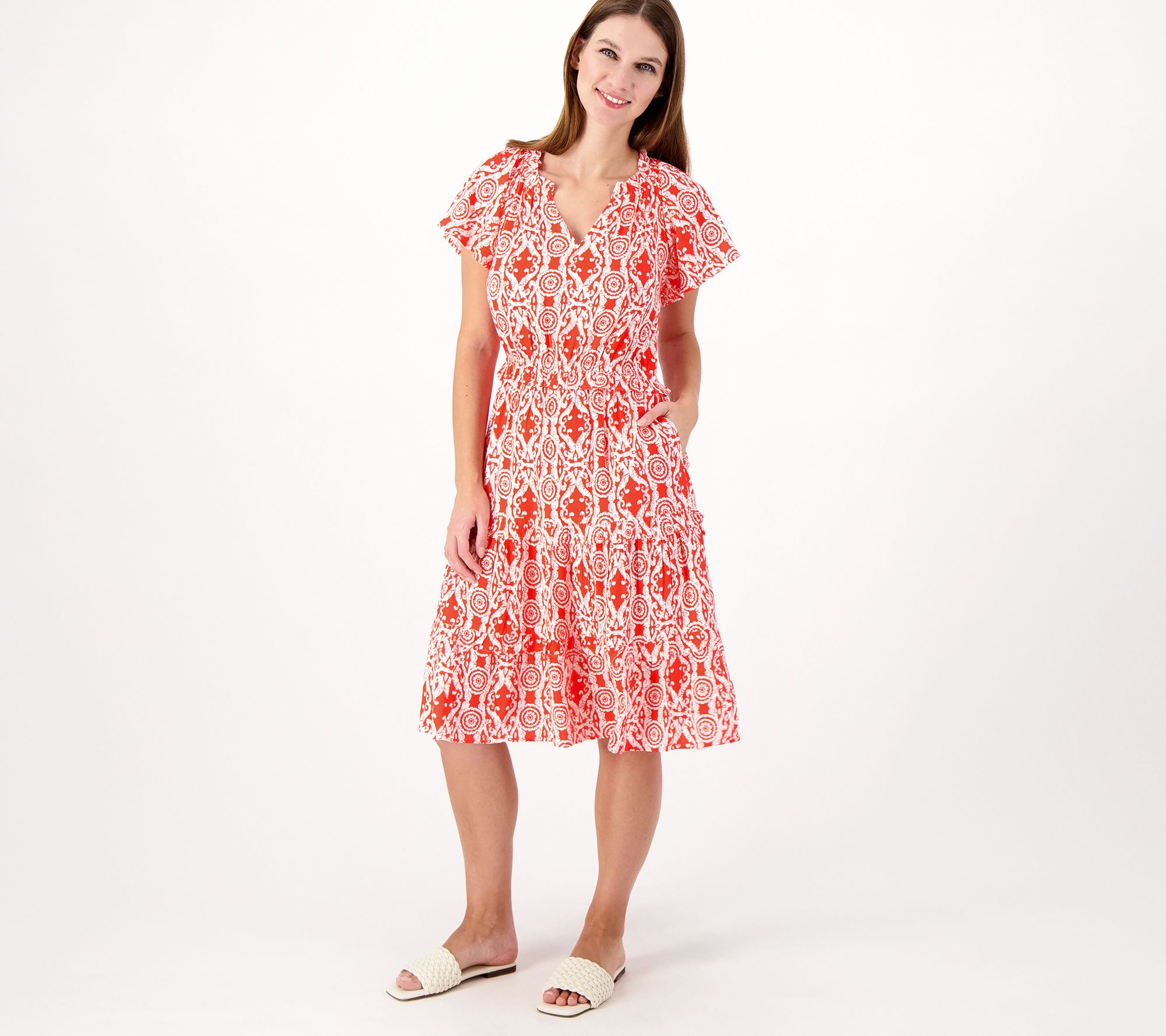 "As Is" Destination 365 Regular Printed Flutter Sleeve Tiered Dress