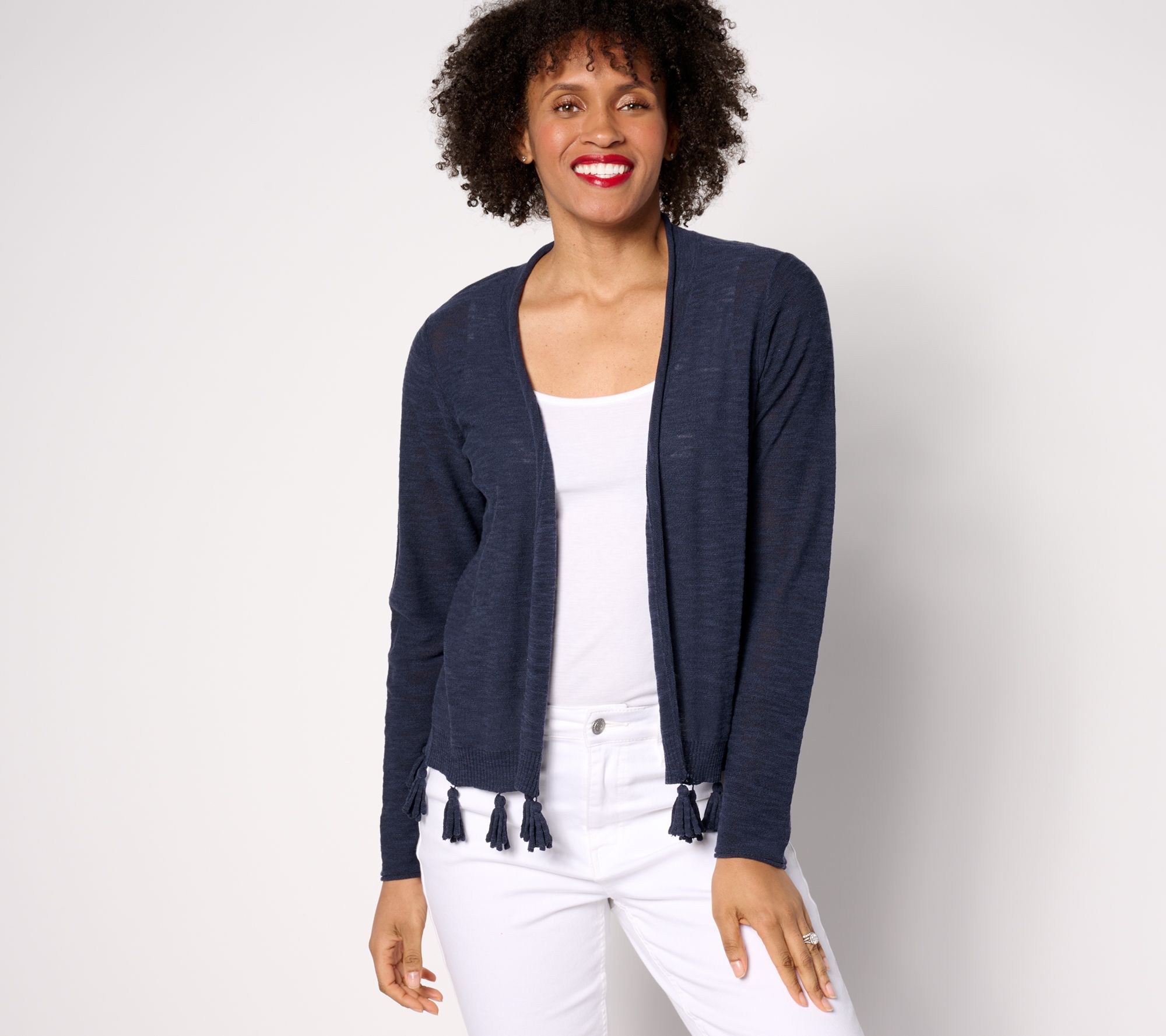 Belle by Kim Gravel Open Front Cardigan with Tassel Trim