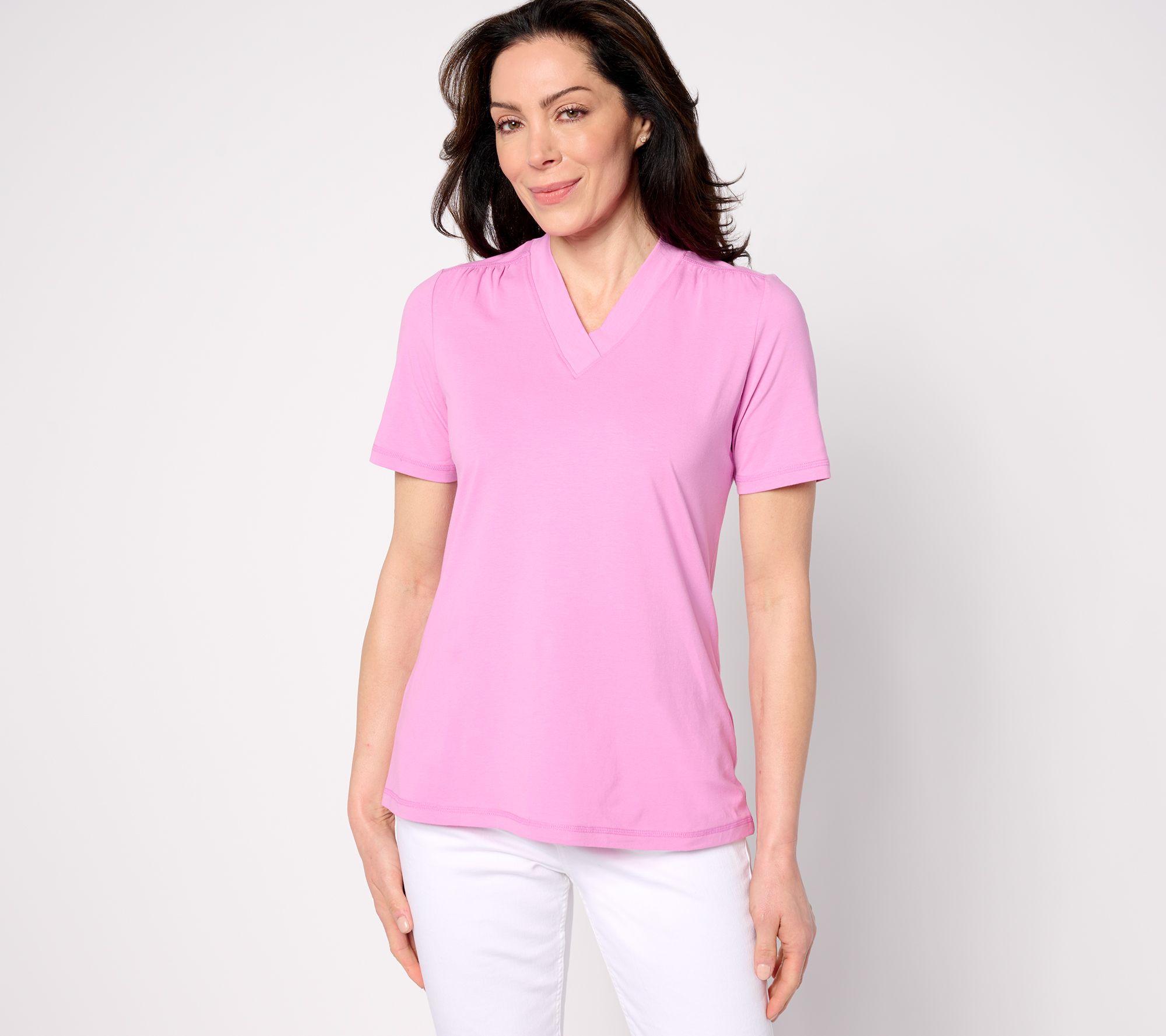 Denim & Co. Active Jersey V-Neck Shirred Short Sleeve Top