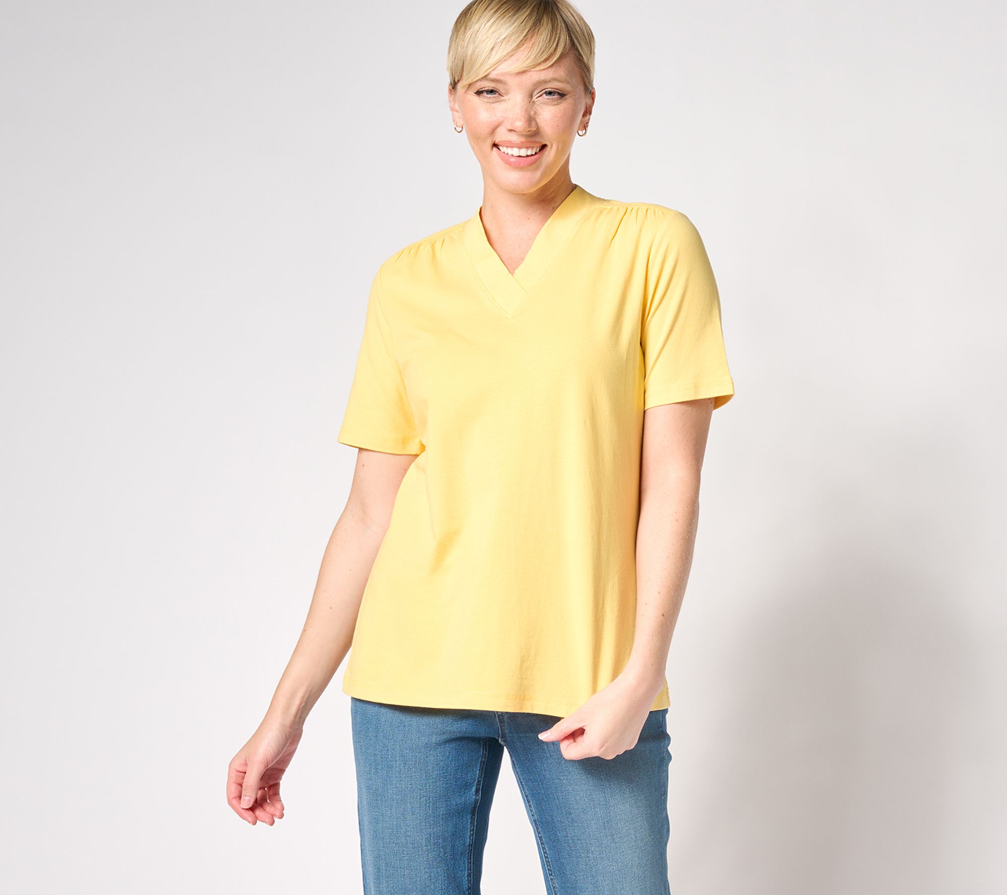 Denim & Co. Active Jersey V-Neck Shirred Short Sleeve Top