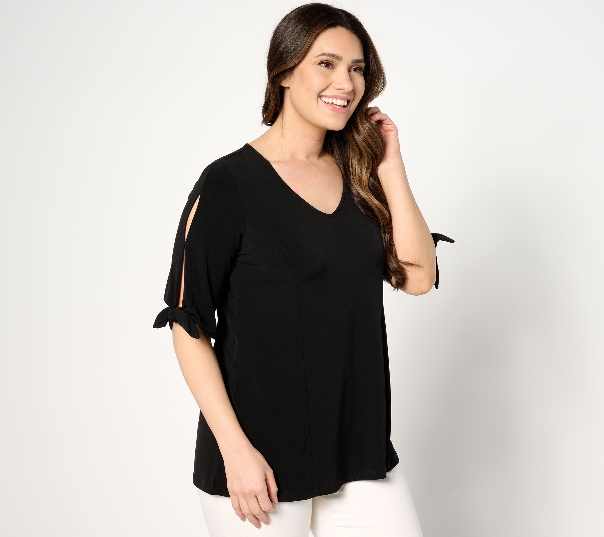 Susan Graver Liquid Knit Elbow Tie Sleeve Fit & Flare Top