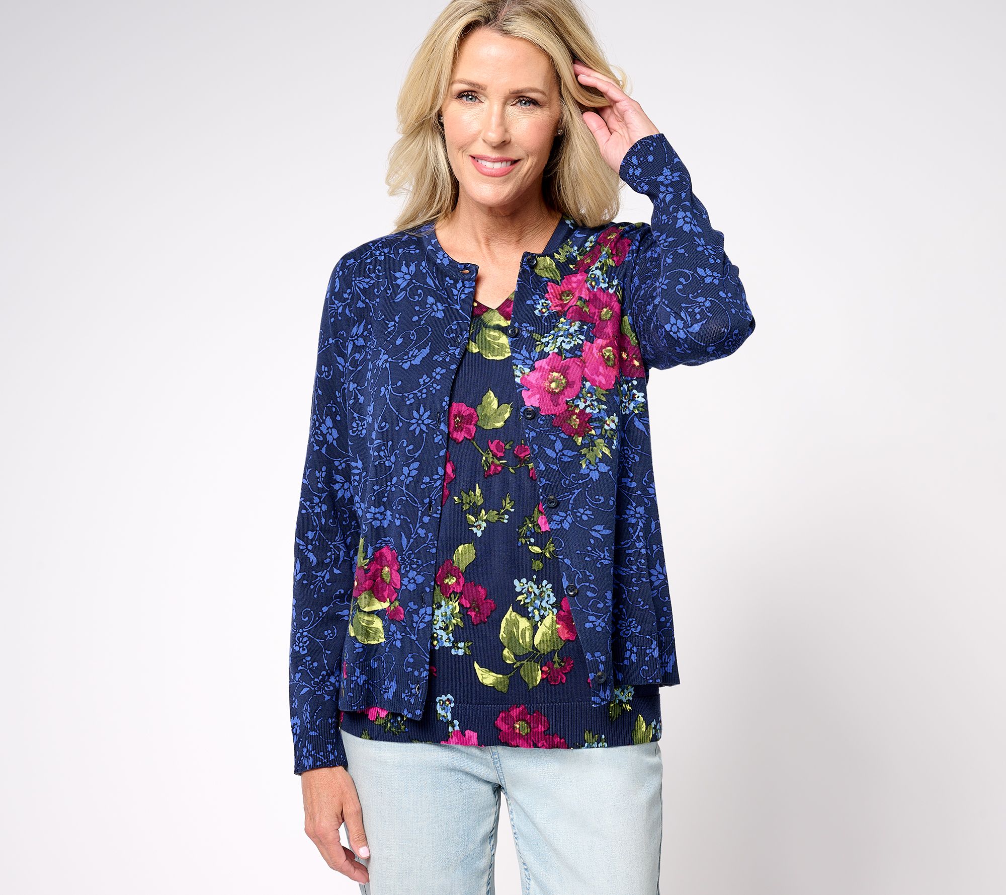 "As Is" Isaac Mizrahi Live! Corsage Floral Printed Cardigan
