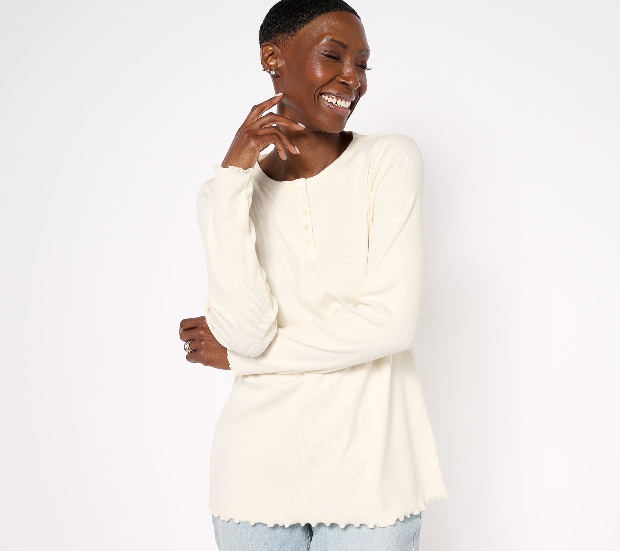 "As Is" Isaac Mizrah Live! Essentials Pima Cotton Rib Long Sleeve Top