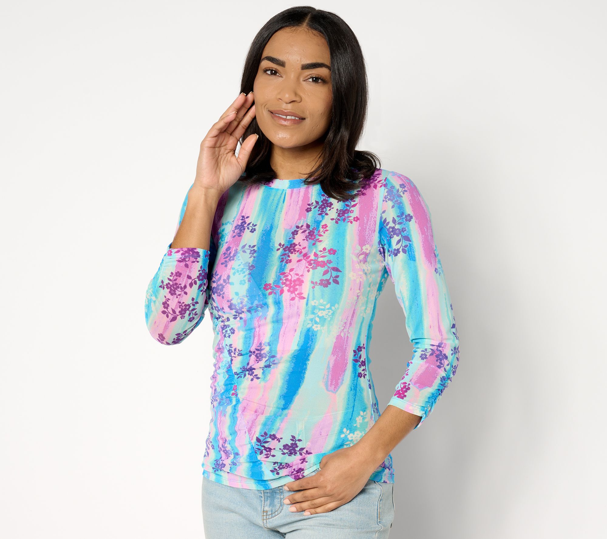 LOGO Layers by Lori Goldstein Printed Mesh Crew Neck Top