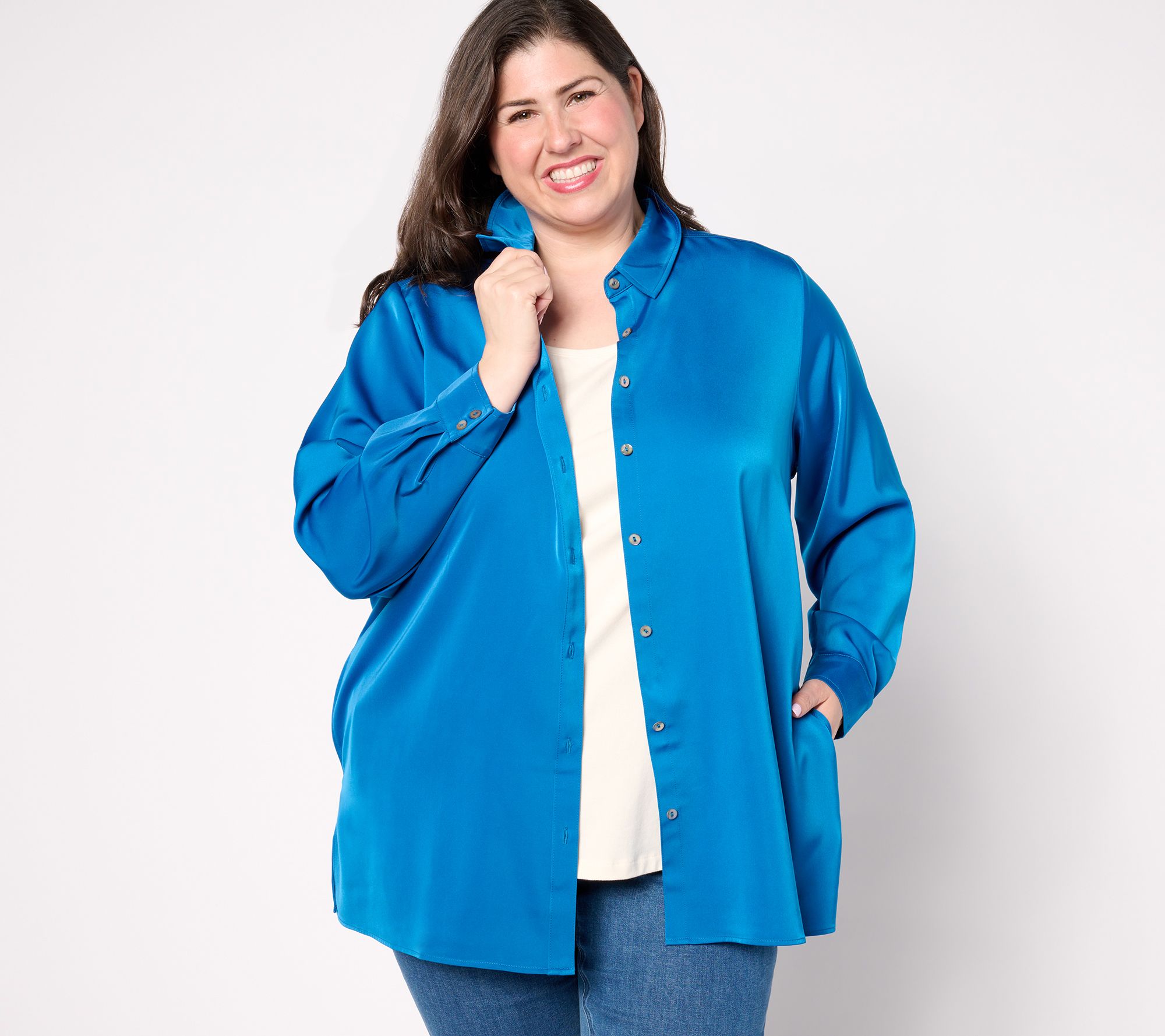 Susan Graver Regular Woven Stretch Satin Button Front Shacket