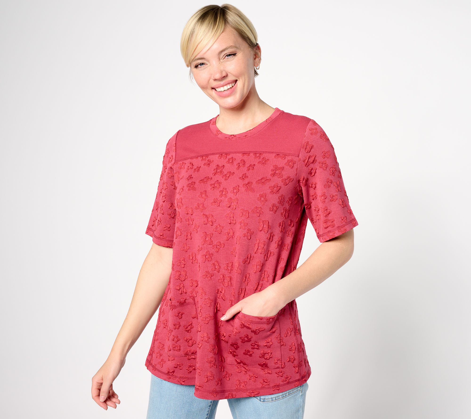 "As Is" LOGO by Lori Goldstein Elbow Sleeve Scoop Neck Textured Top