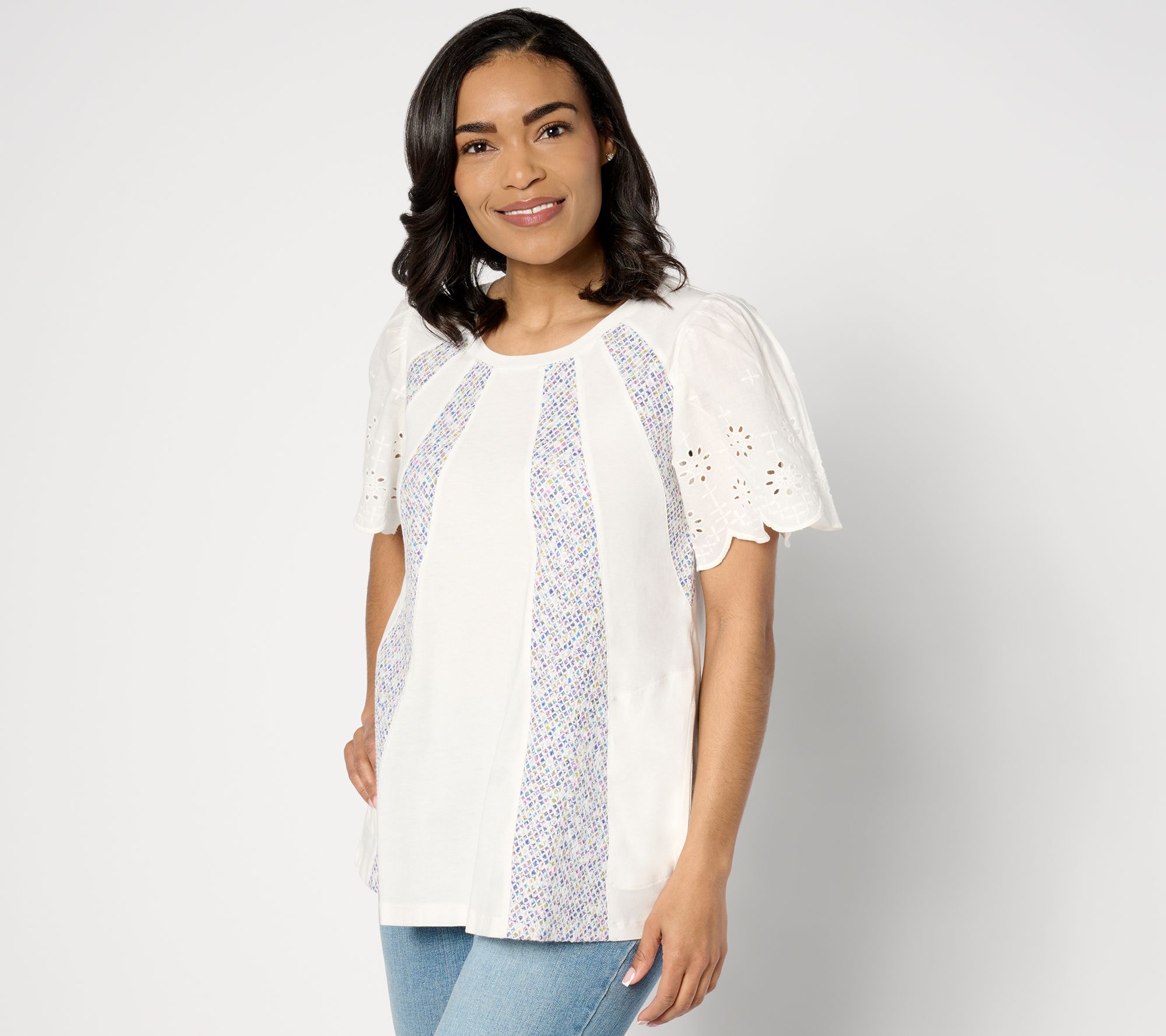 "As Is" LOGO by Lori Goldstein Short Sleeve Scoop Neck Mixed Media Top