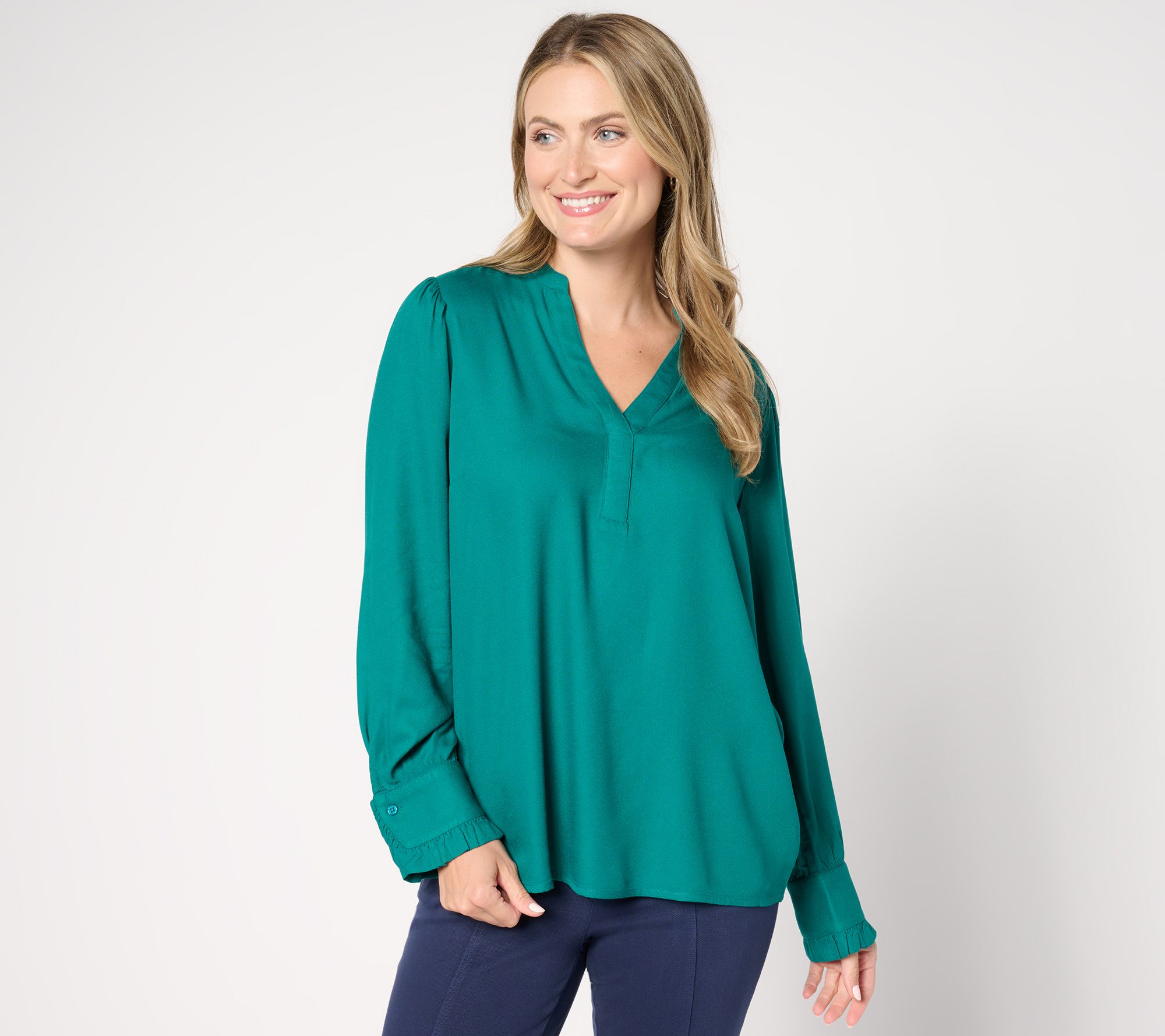 AnyBody Woven Crepe Blouse with Ruffle Cuffs
