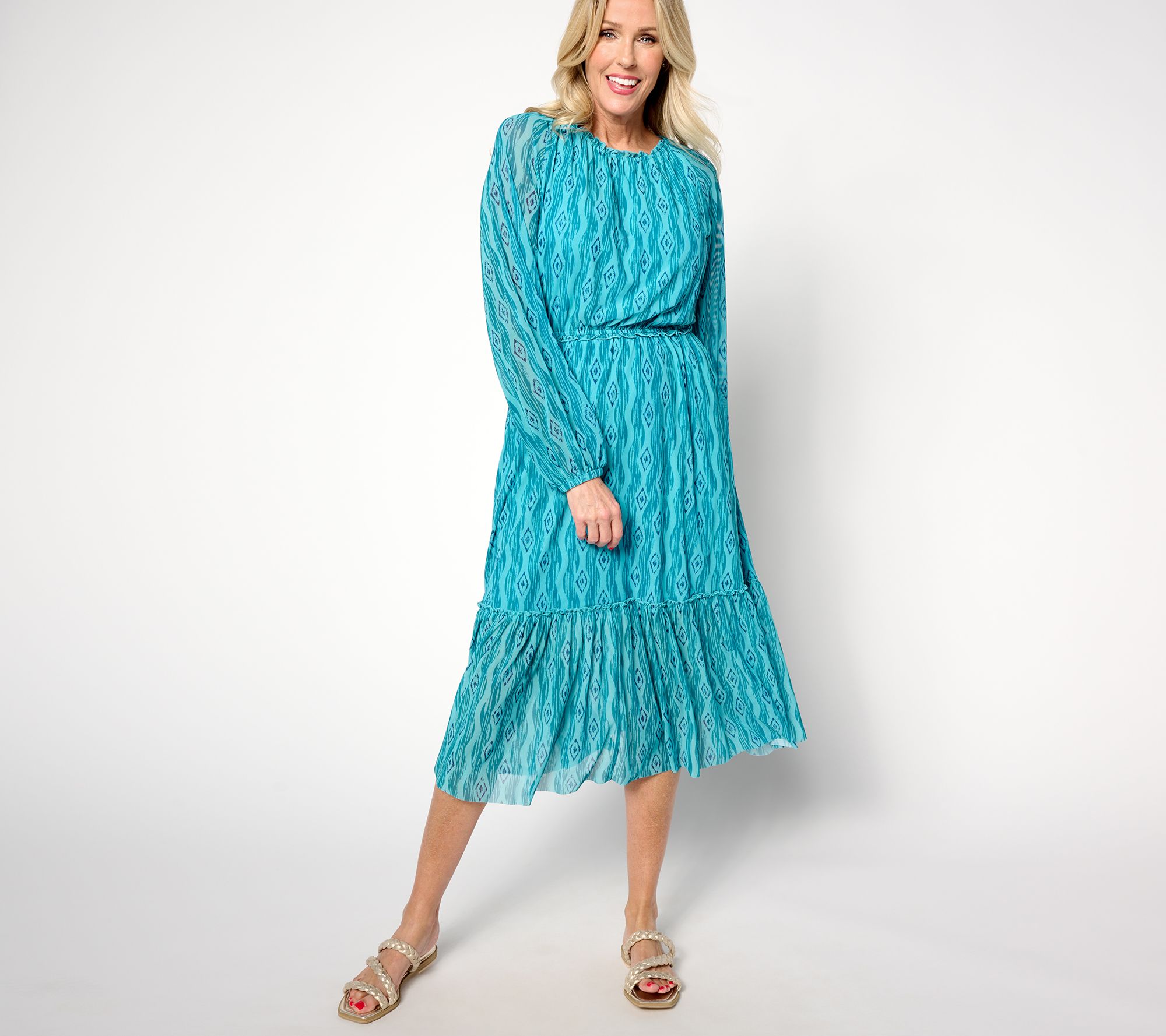 "As Is" Denim & Co. Canyon Retreat Printed Mesh Ruffle Detail Dress